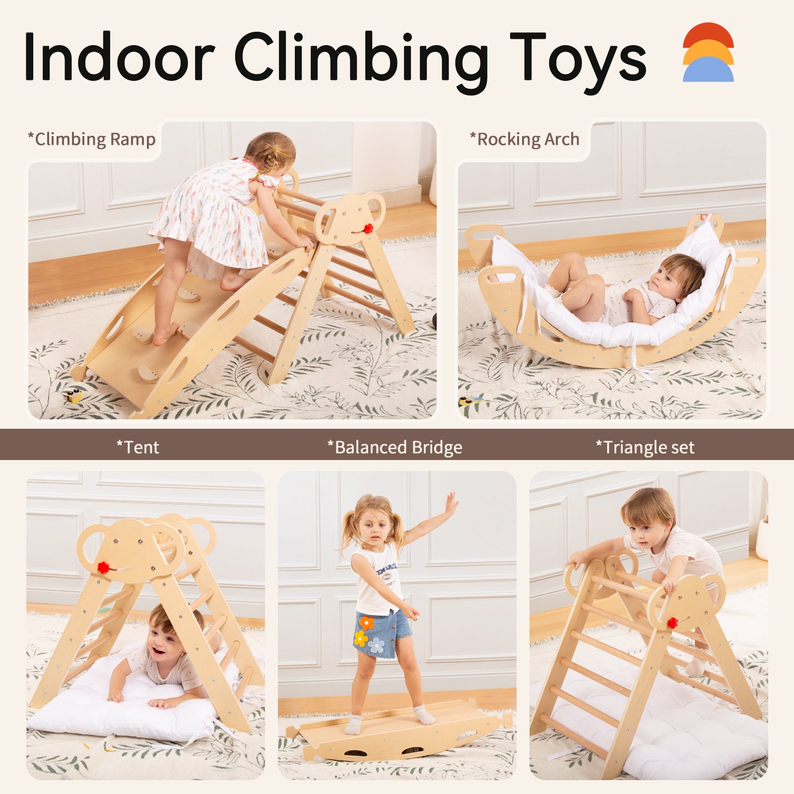 Sweet Time Pikler Triangle Set with Cushion, 8 in 1 Wooden Montessori Climbing Toys, Foldable Indoor Playground Jungle Gym Playsets for Toddler, Baby, Kid