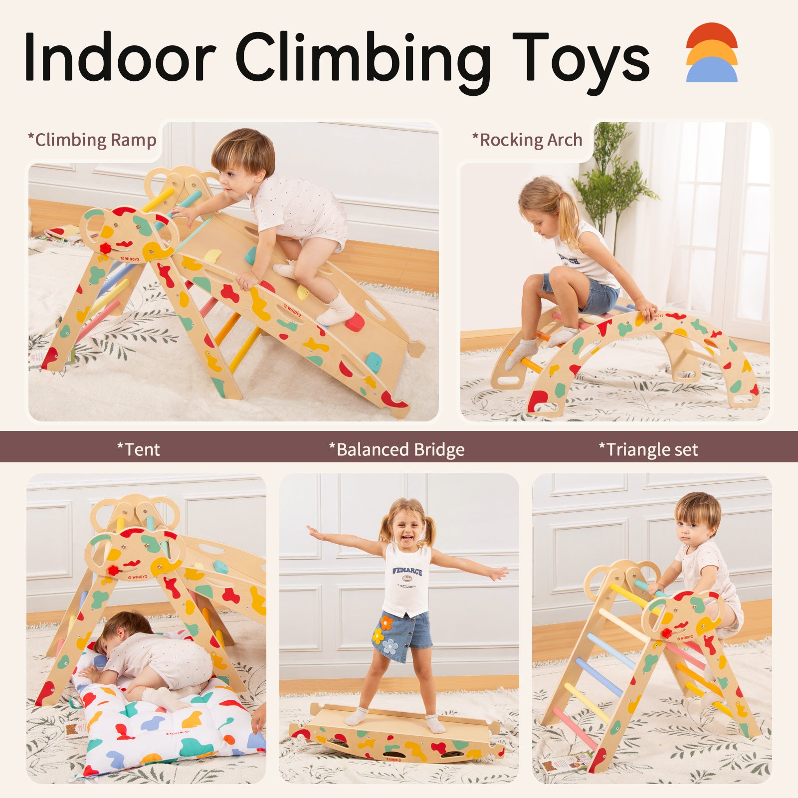 Sweet Time Pikler Triangle Set with Cushion, 8 in 1 Wooden Montessori Climbing Toys, Foldable Indoor Playground Jungle Gym Playsets for Toddler, Baby, Kid