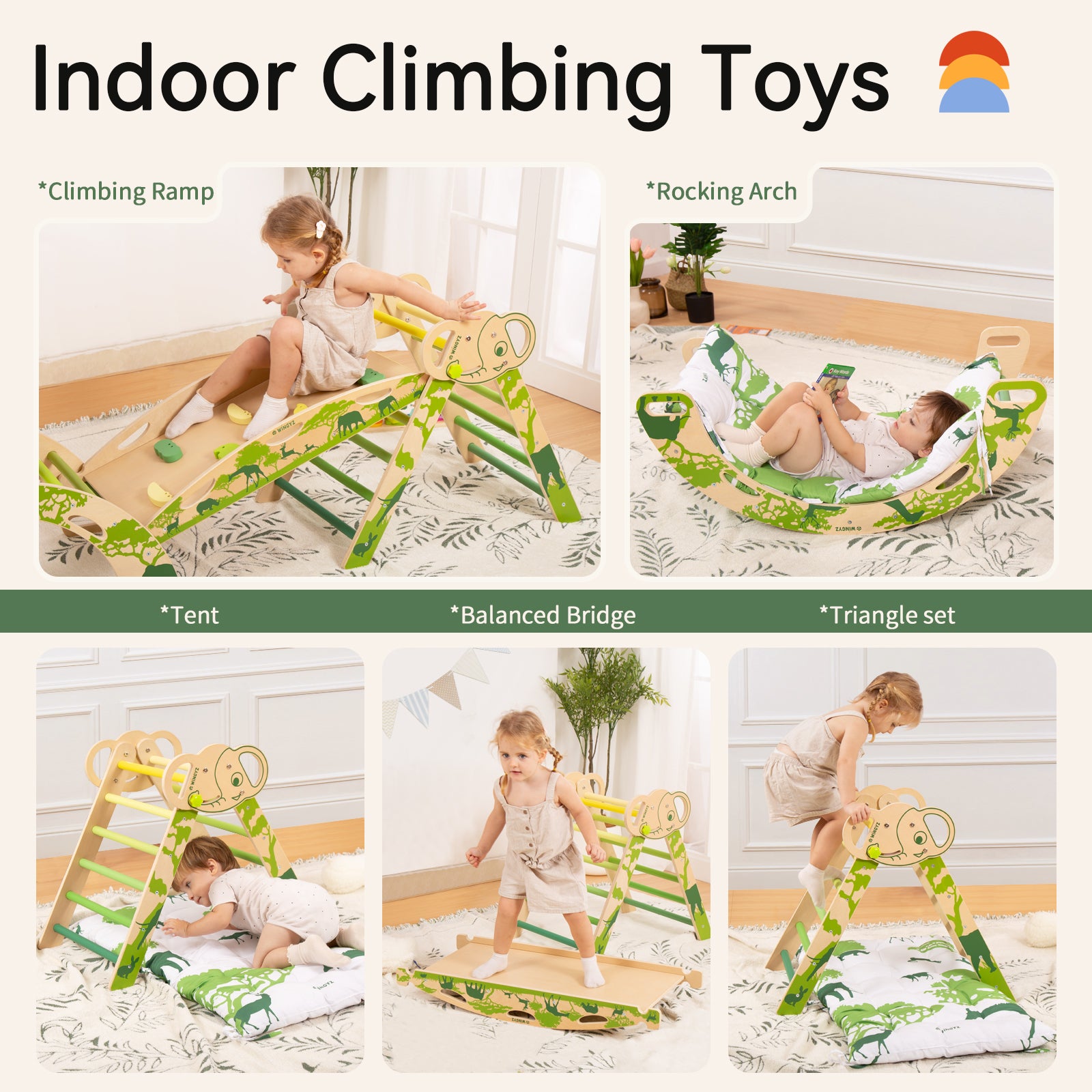 Sweet Time Pikler Triangle Set with Cushion, 8 in 1 Wooden Montessori Climbing Toys, Foldable Indoor Playground Jungle Gym Playsets for Toddler, Baby, Kid