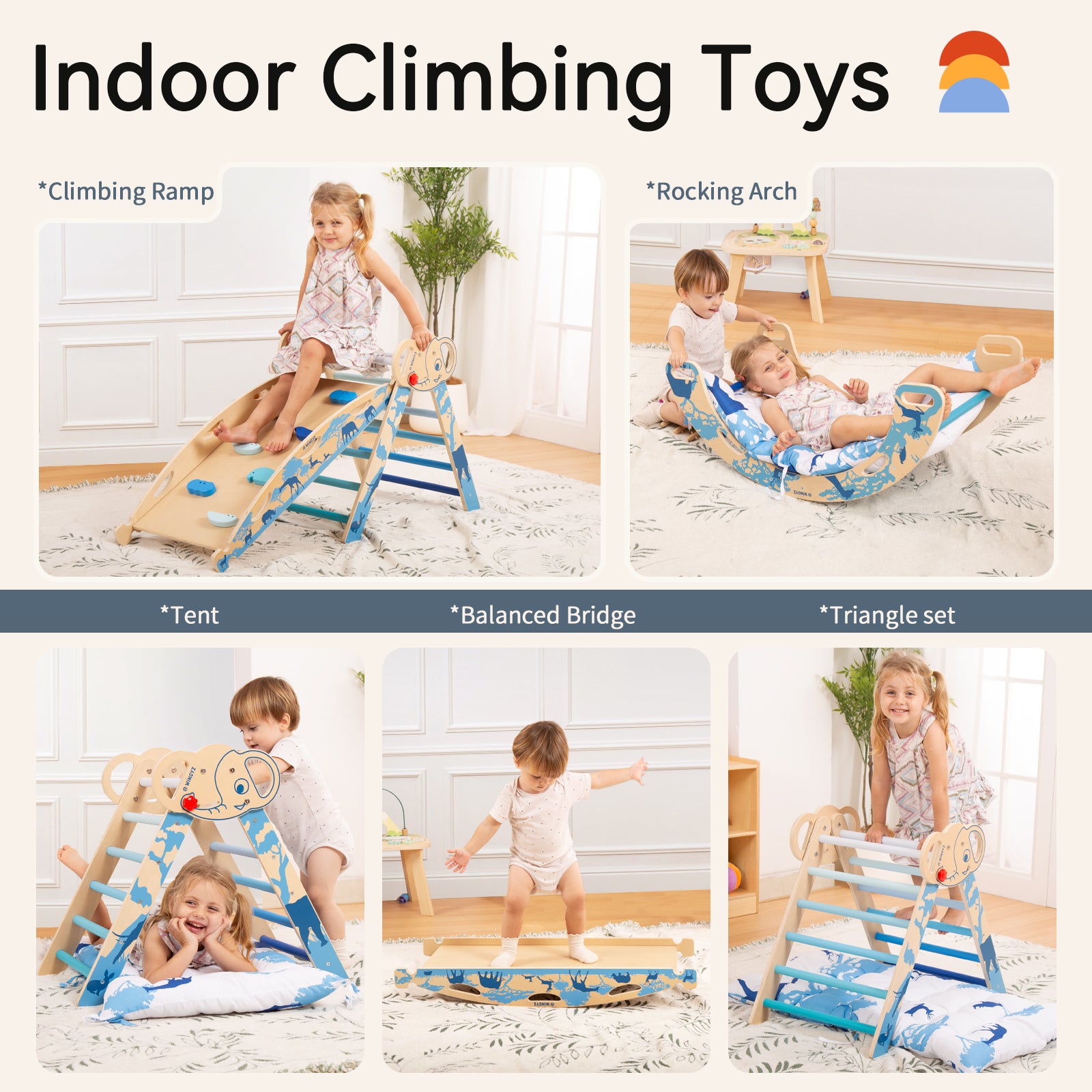 Sweet Time Pikler Triangle Set with Cushion, 8 in 1 Wooden Montessori Climbing Toys, Foldable Indoor Playground Jungle Gym Playsets for Toddler, Baby, Kid