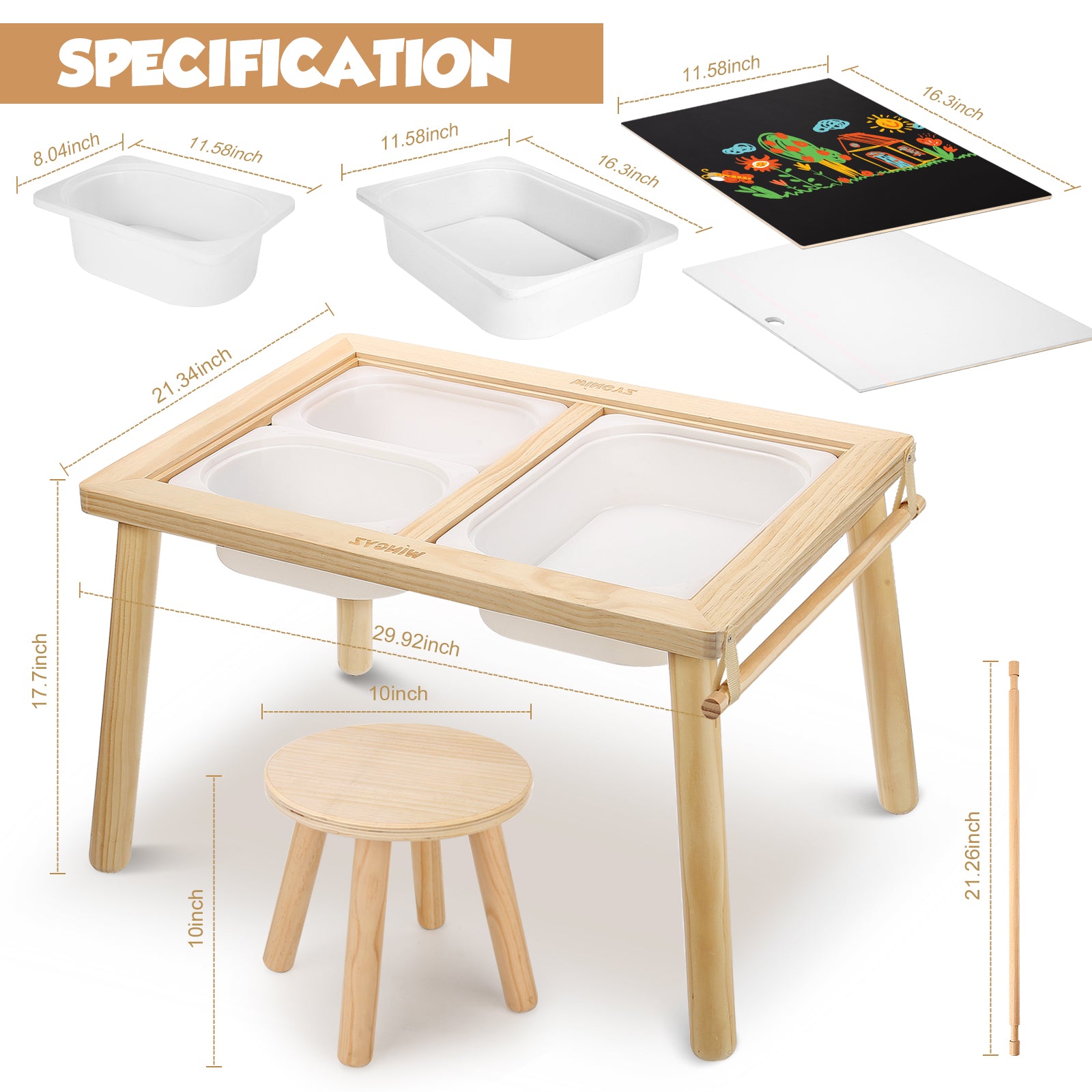 Sweet Time Toddler Sensory Table Chairs, Wood Kids Activity Table with Storage Play Study Furniture