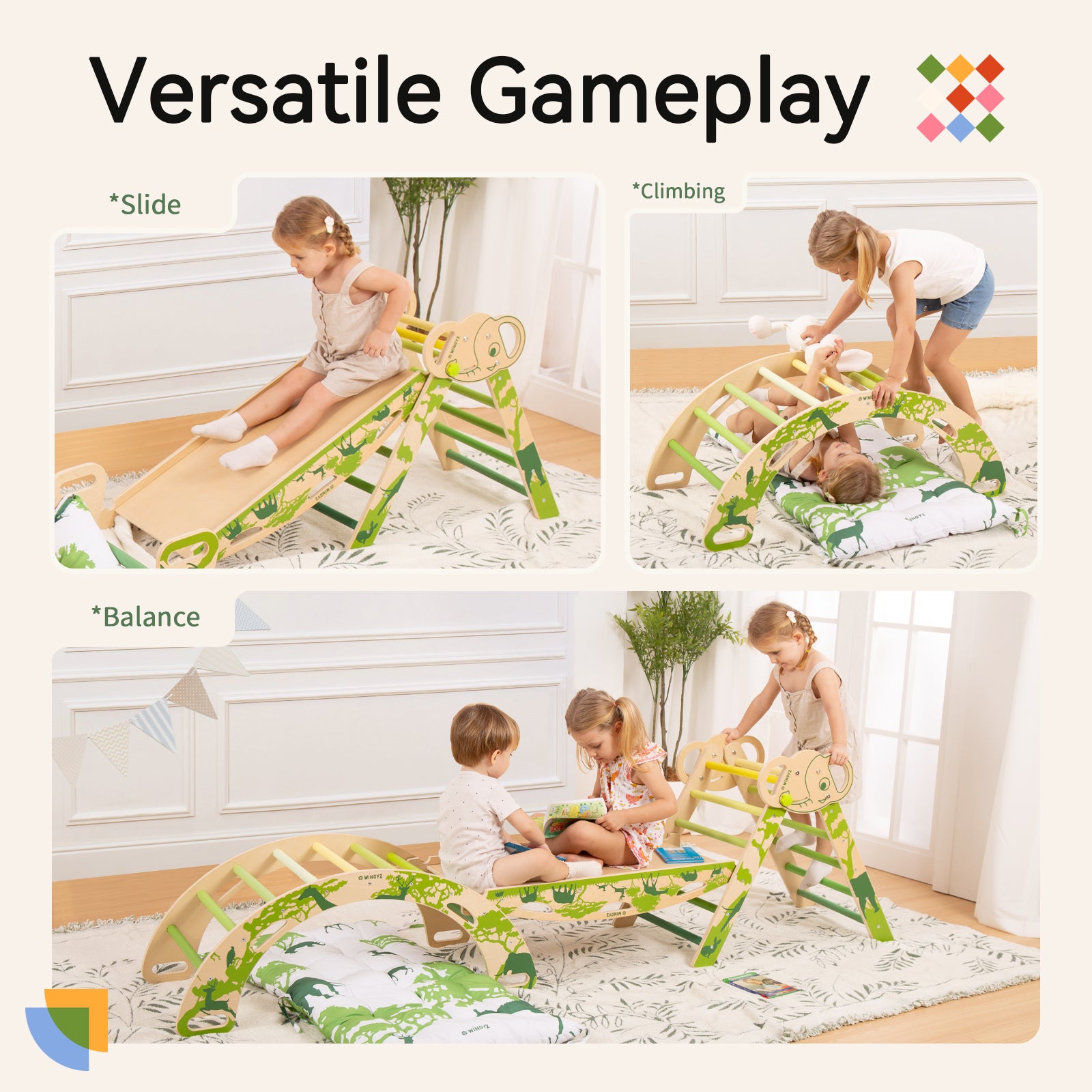 Sweet Time Pikler Triangle Set with Cushion, 8 in 1 Wooden Montessori Climbing Toys, Foldable Indoor Playground Jungle Gym Playsets for Toddler, Baby, Kid