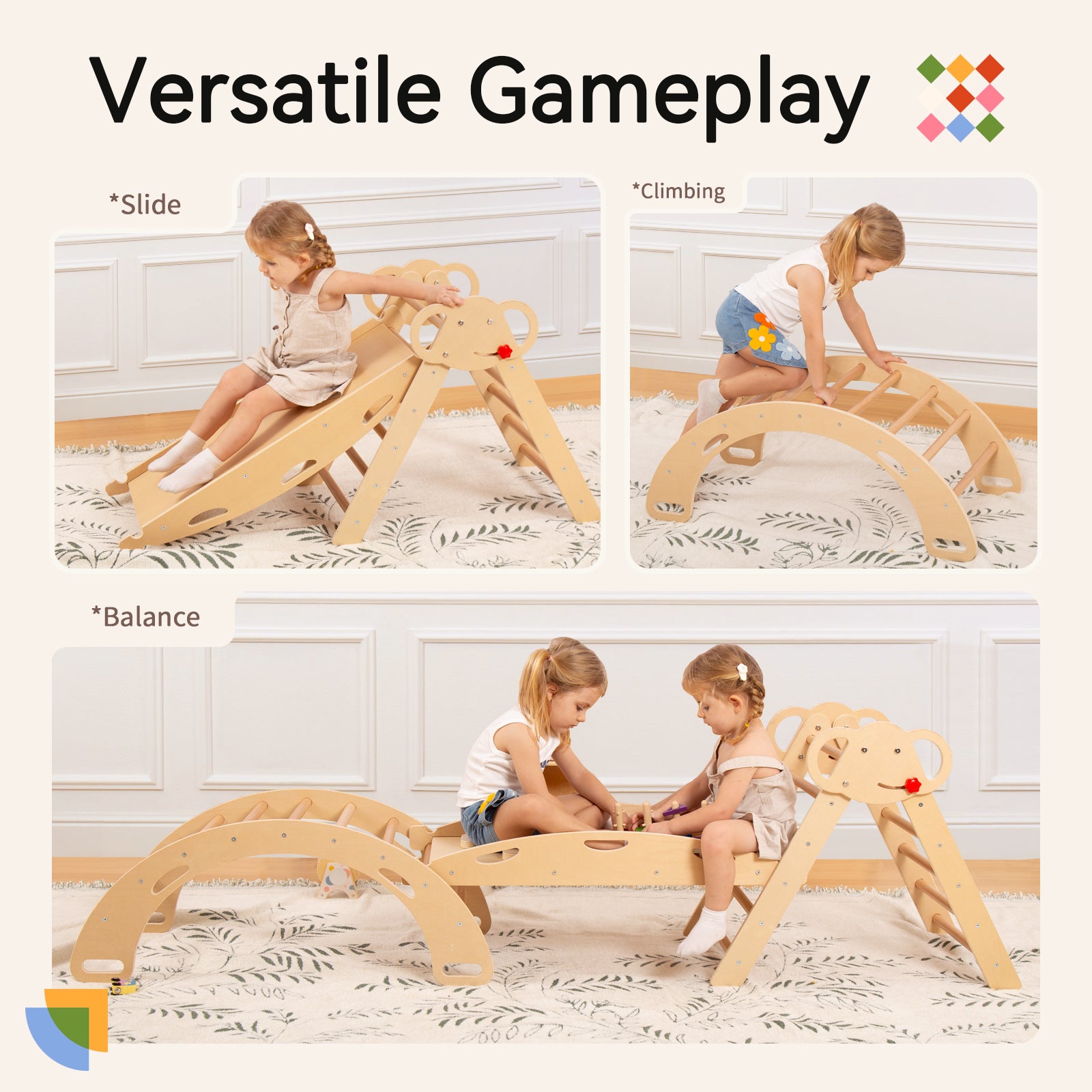 Sweet Time Pikler Triangle Set with Cushion, 8 in 1 Wooden Montessori Climbing Toys, Foldable Indoor Playground Jungle Gym Playsets for Toddler, Baby, Kid