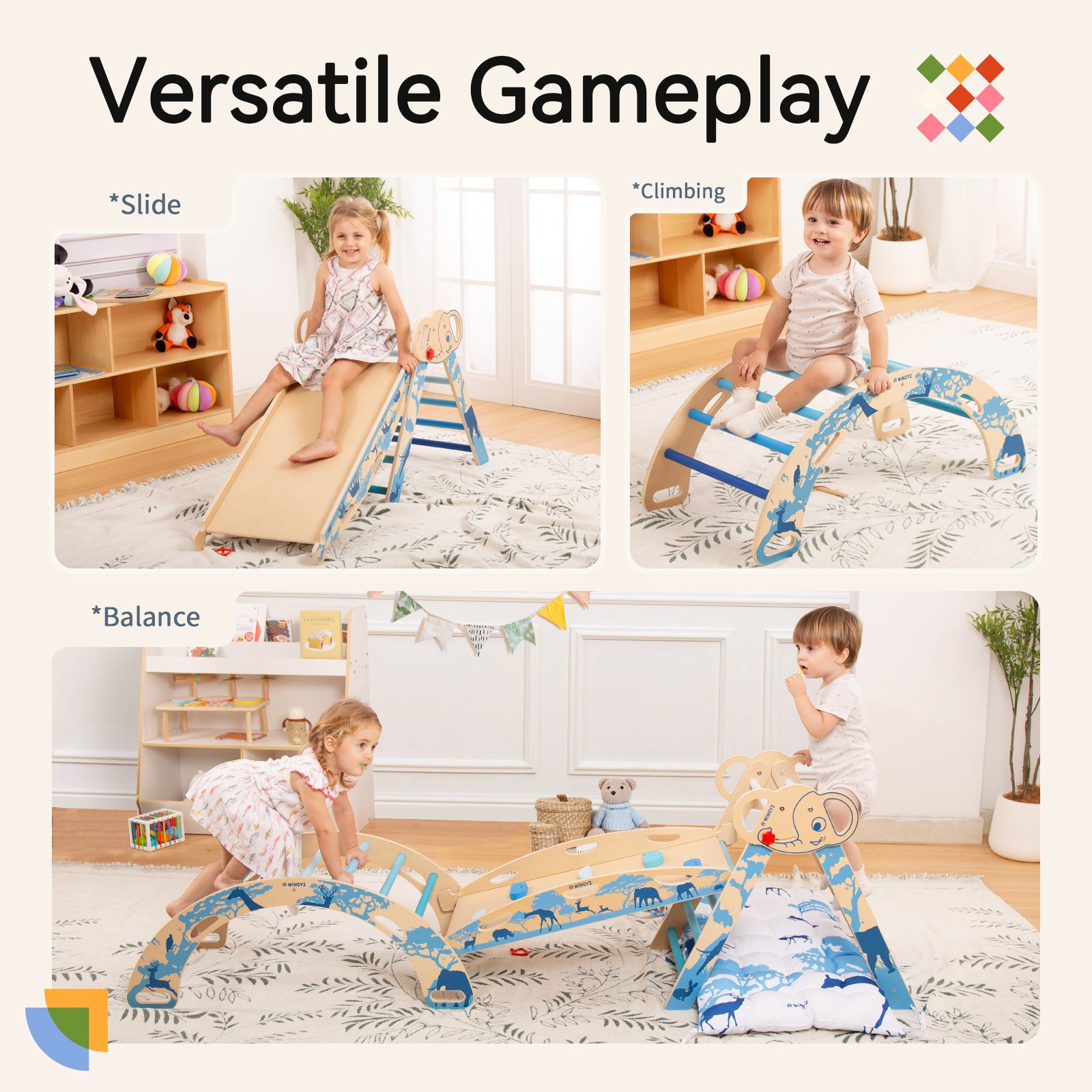 Sweet Time Pikler Triangle Set with Cushion, 8 in 1 Wooden Montessori Climbing Toys, Foldable Indoor Playground Jungle Gym Playsets for Toddler, Baby, Kid