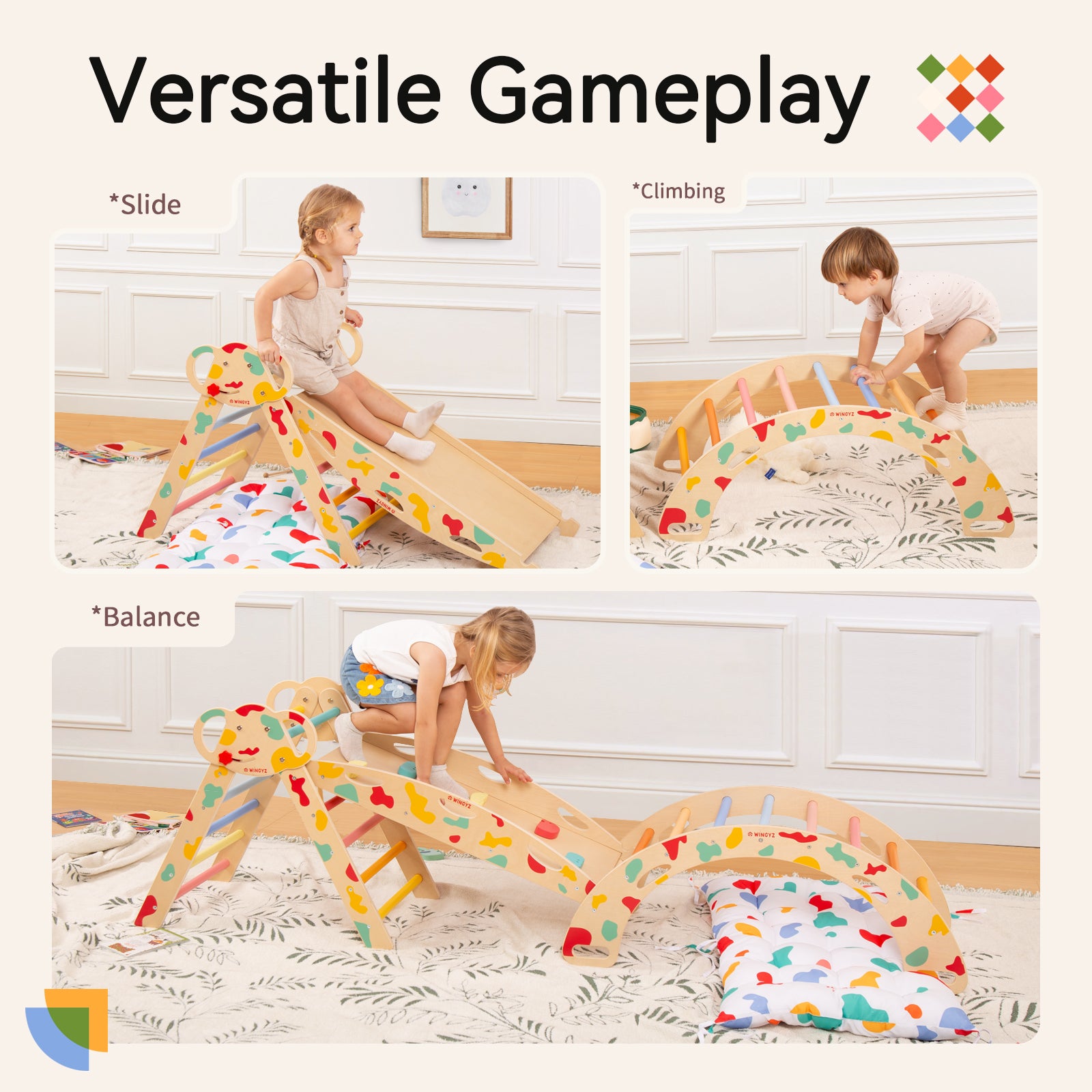 Sweet Time Pikler Triangle Set with Cushion, 8 in 1 Wooden Montessori Climbing Toys, Foldable Indoor Playground Jungle Gym Playsets for Toddler, Baby, Kid