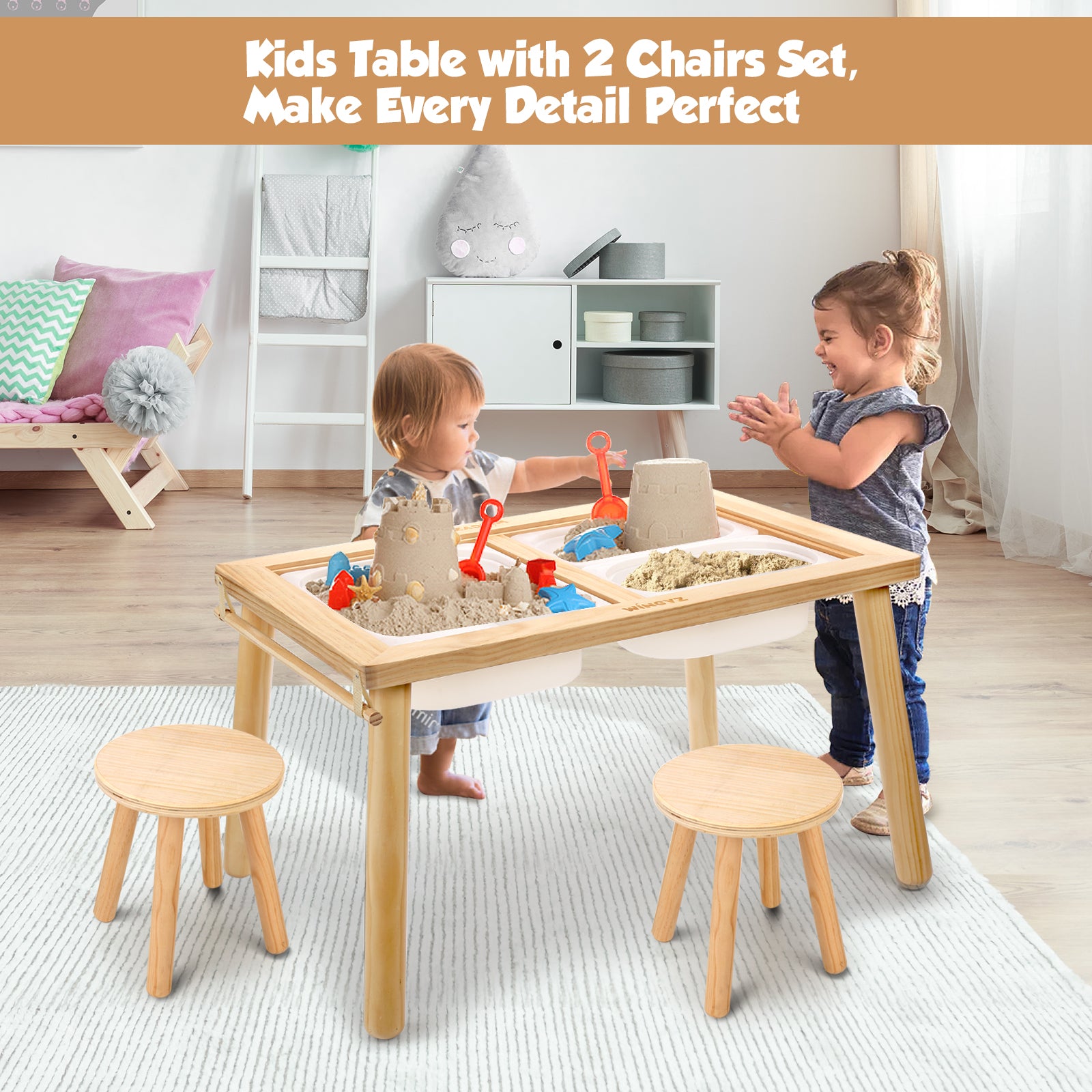 Sweet Time Toddler Sensory Table Chairs, Wood Kids Activity Table with Storage Play Study Furniture