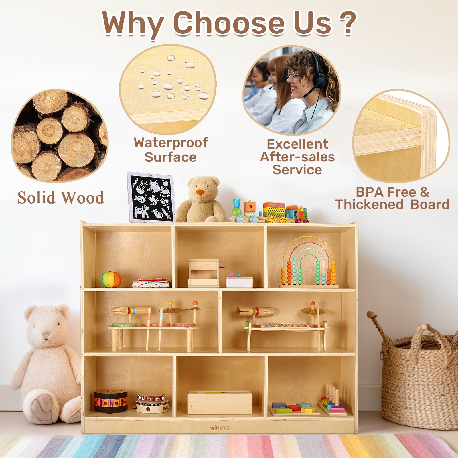 Sweet Time Wooden Storage Cabinet 3 Tier Bookshelf Kid Toy Organizer Book Shelf for Playroom Classrooms