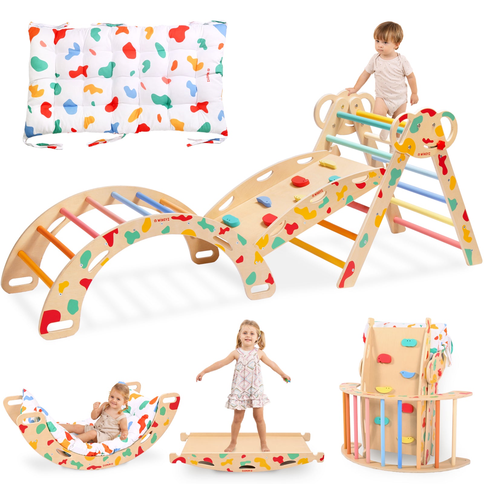 Sweet Time Pikler Triangle Set with Cushion, 8 in 1 Wooden Montessori Climbing Toys, Foldable Indoor Playground Jungle Gym Playsets for Toddler, Baby, Kid