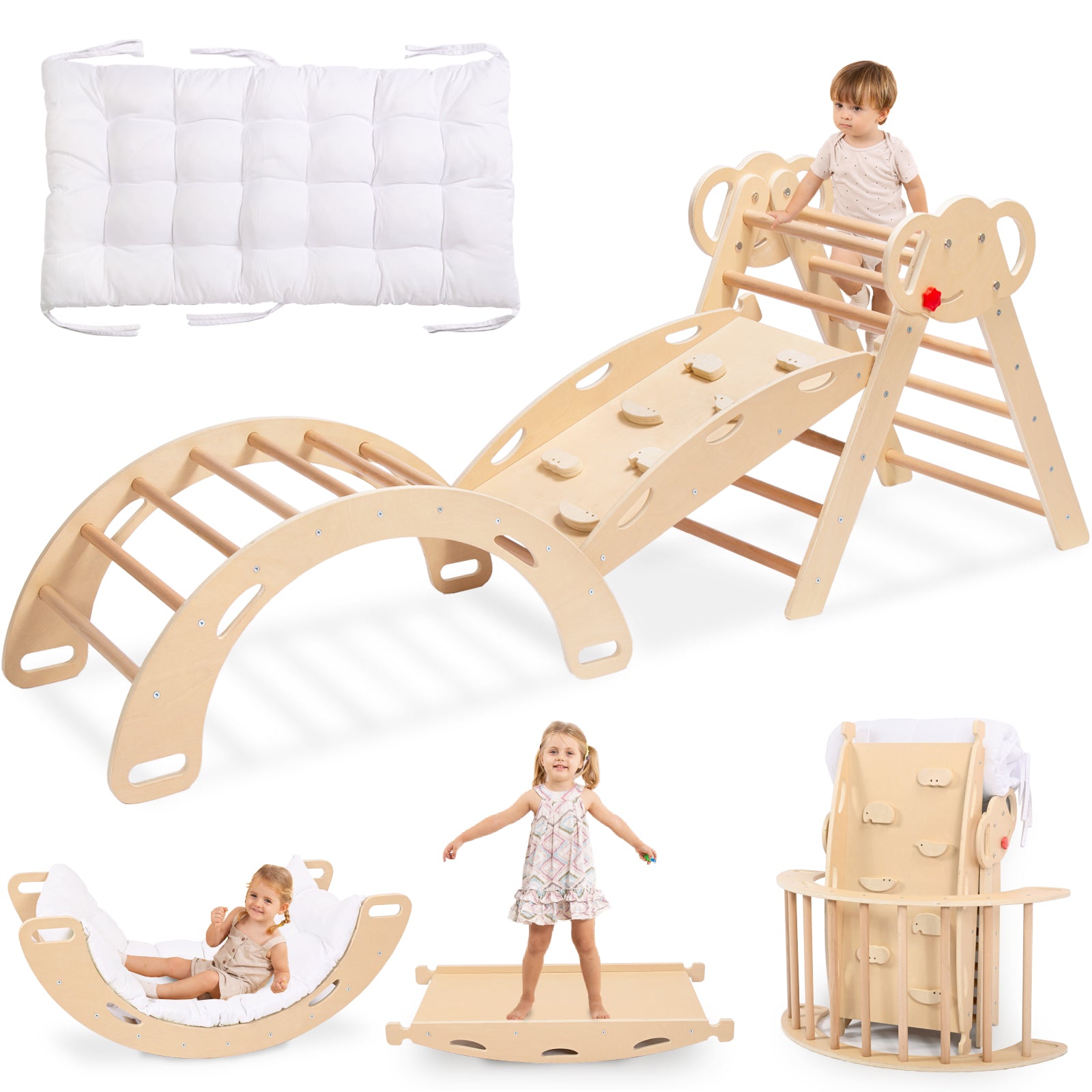 Sweet Time Pikler Triangle Set with Cushion, 8 in 1 Wooden Montessori Climbing Toys, Foldable Indoor Playground Jungle Gym Playsets for Toddler, Baby, Kid