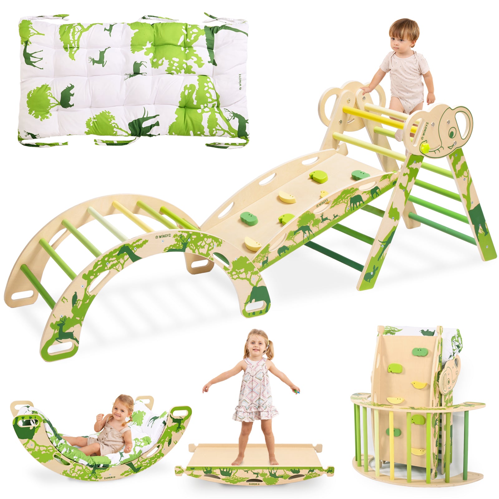 Sweet Time Pikler Triangle Set with Cushion, 8 in 1 Wooden Montessori Climbing Toys, Foldable Indoor Playground Jungle Gym Playsets for Toddler, Baby, Kid