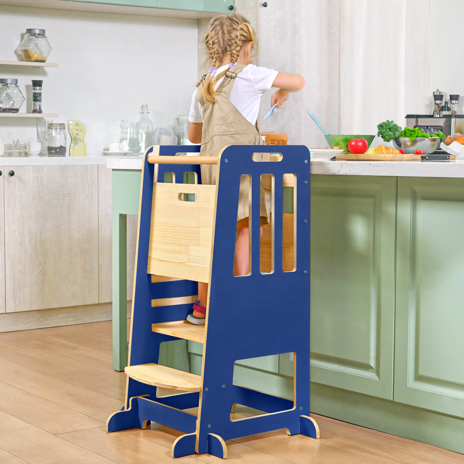 Sweet Time Toddler Standing Tower, Kids Kitchen Stool Helper 3 Levels Adjustable Height Wooden Toddler Step Stools for Learning New Skills