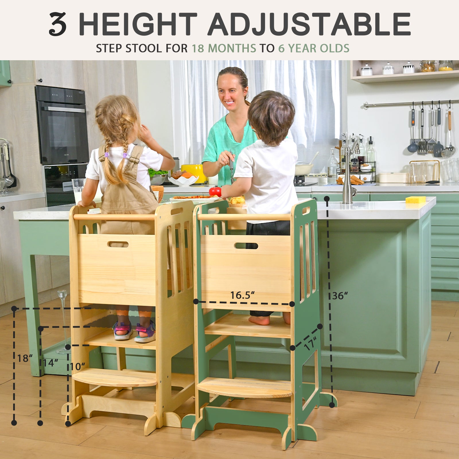Sweet Time Toddler Standing Tower, Kids Kitchen Stool Helper 3 Levels Adjustable Height Wooden Toddler Step Stools for Learning New Skills