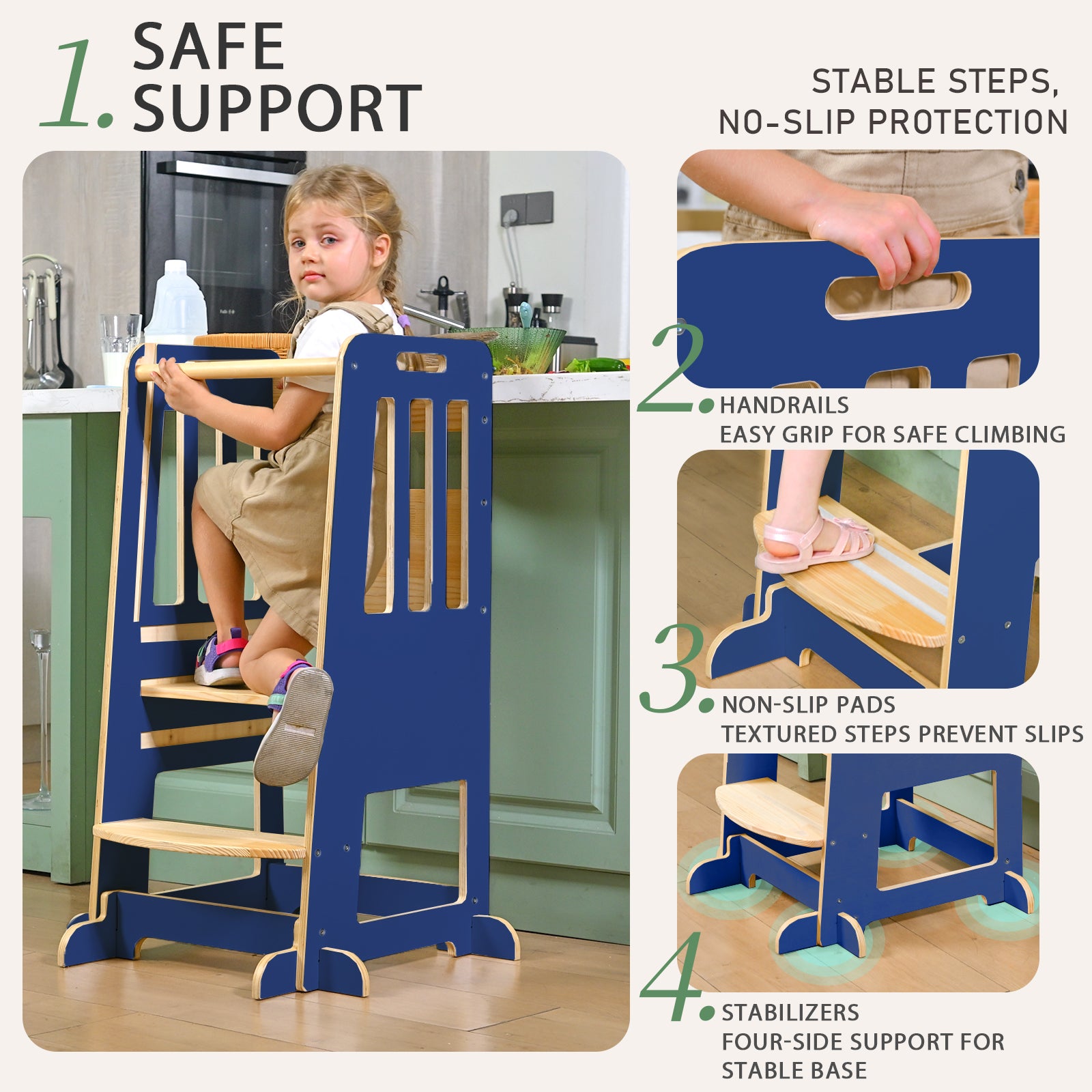 Sweet Time Toddler Standing Tower, Kids Kitchen Stool Helper 3 Levels Adjustable Height Wooden Toddler Step Stools for Learning New Skills