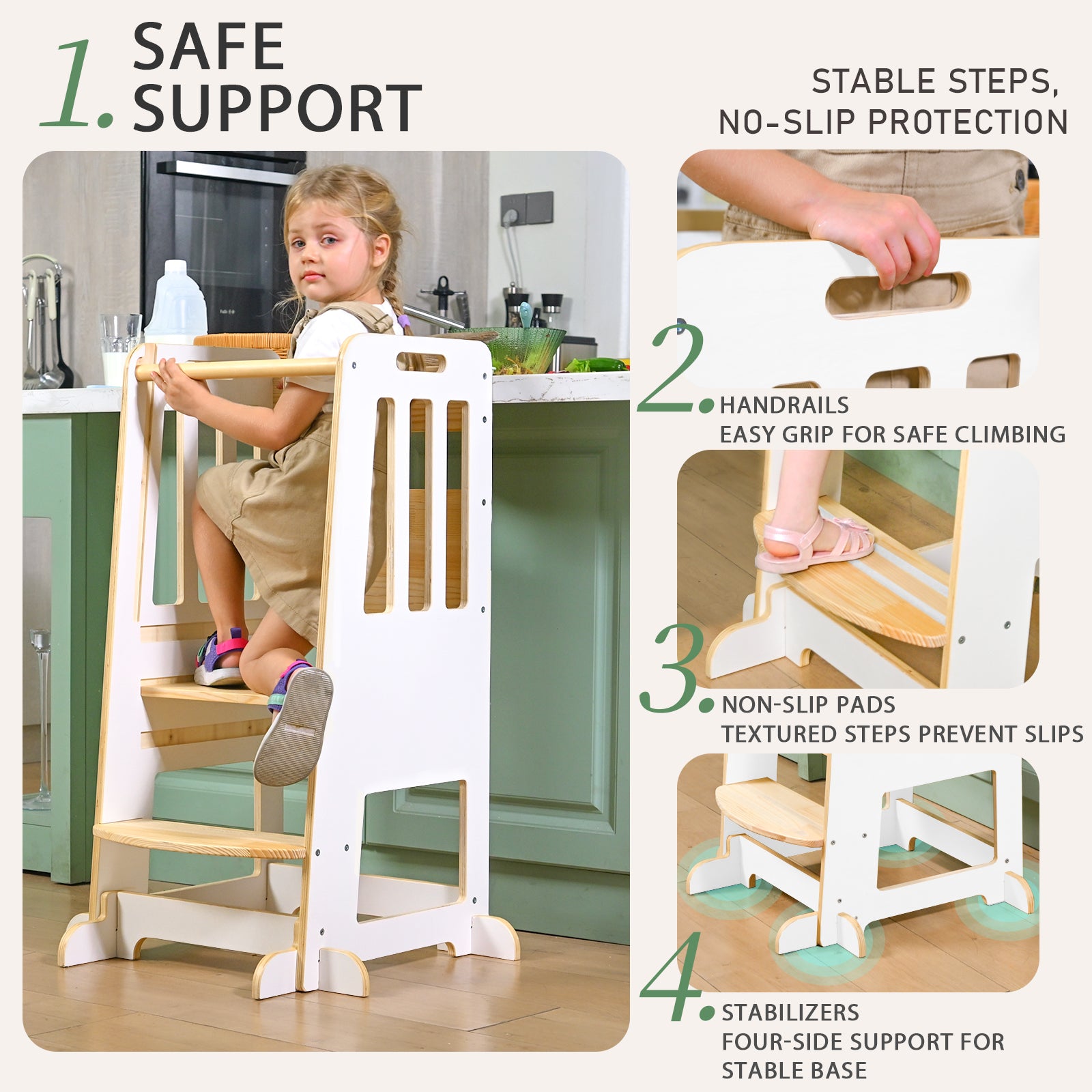 Sweet Time Toddler Standing Tower, Kids Kitchen Stool Helper 3 Levels Adjustable Height Wooden Toddler Step Stools for Learning New Skills