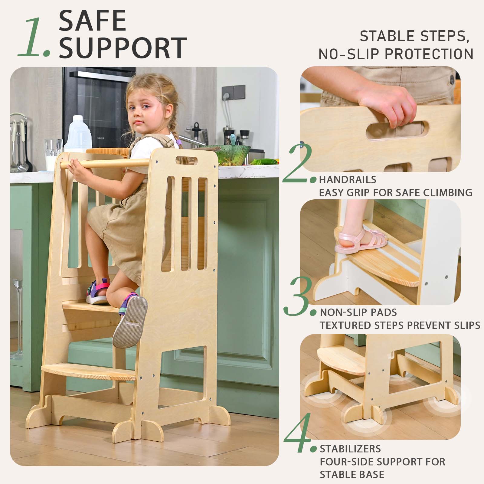 Sweet Time Toddler Standing Tower, Kids Kitchen Stool Helper 3 Levels Adjustable Height Wooden Toddler Step Stools for Learning New Skills