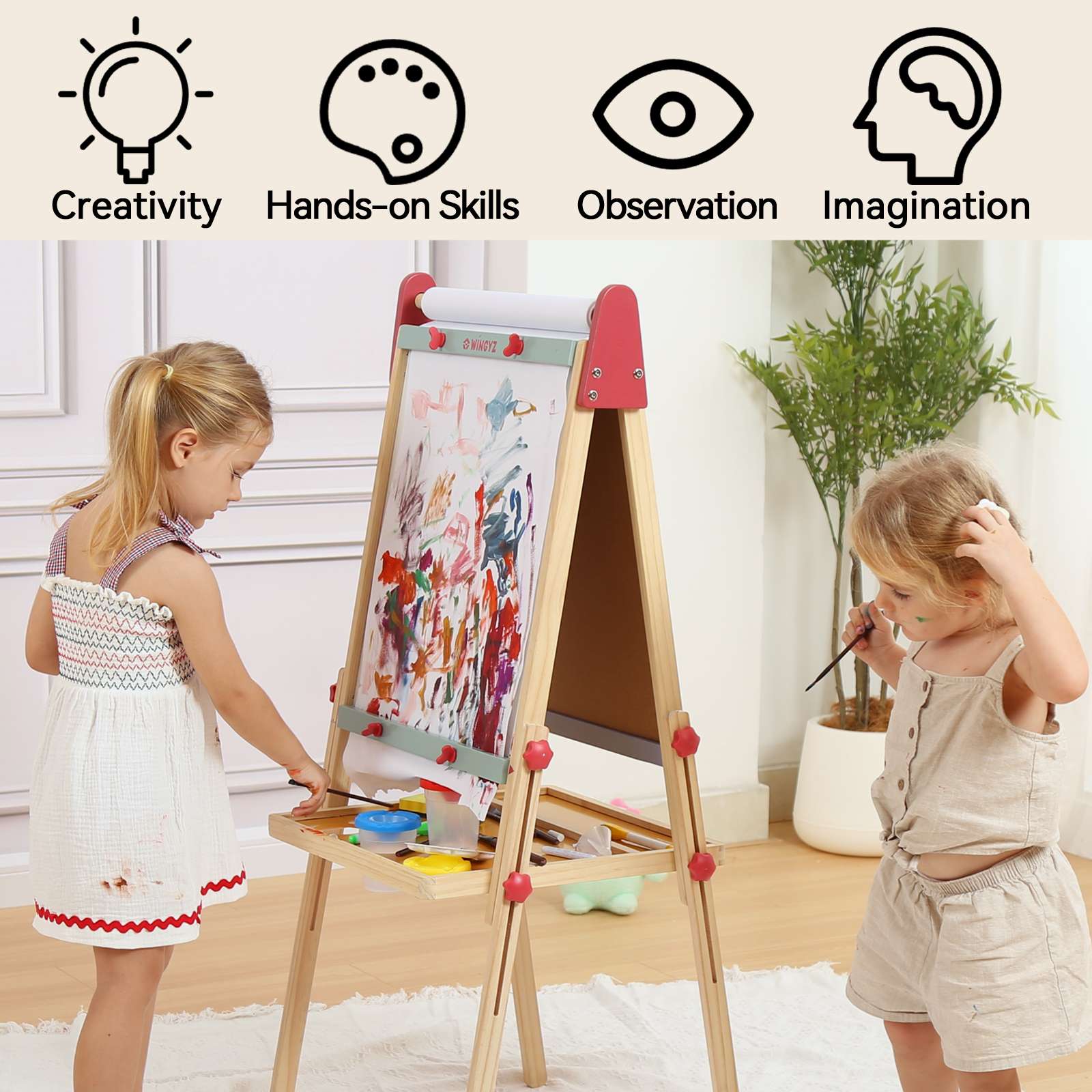 Sweet Time Kids Easel with Paper Roll, Adjustable Magnetic Whiteboard & Chalkboard Drawing Board, Wooden Children Art Stand for 3~12 Years