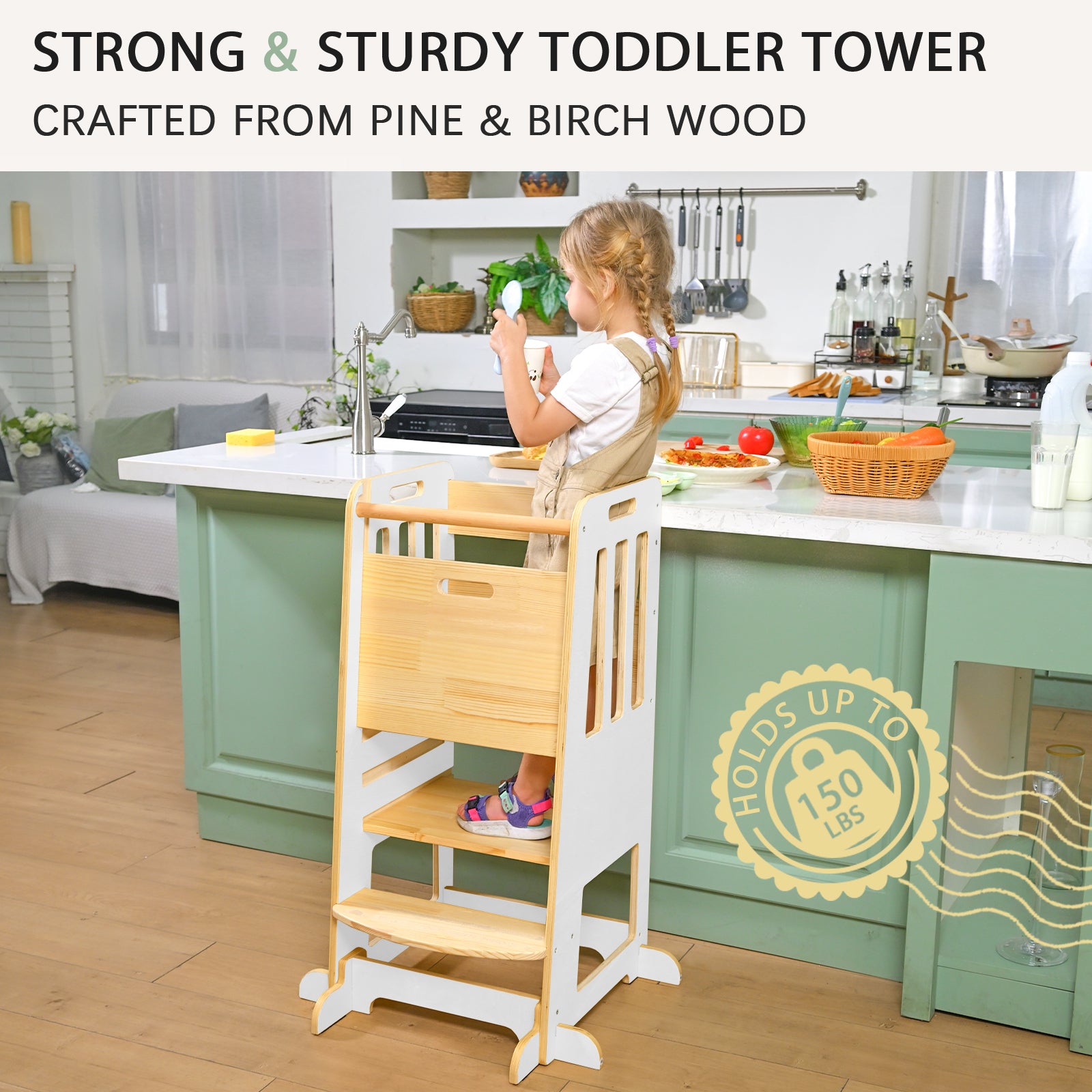Sweet Time Toddler Standing Tower, Kids Kitchen Stool Helper 3 Levels Adjustable Height Wooden Toddler Step Stools for Learning New Skills