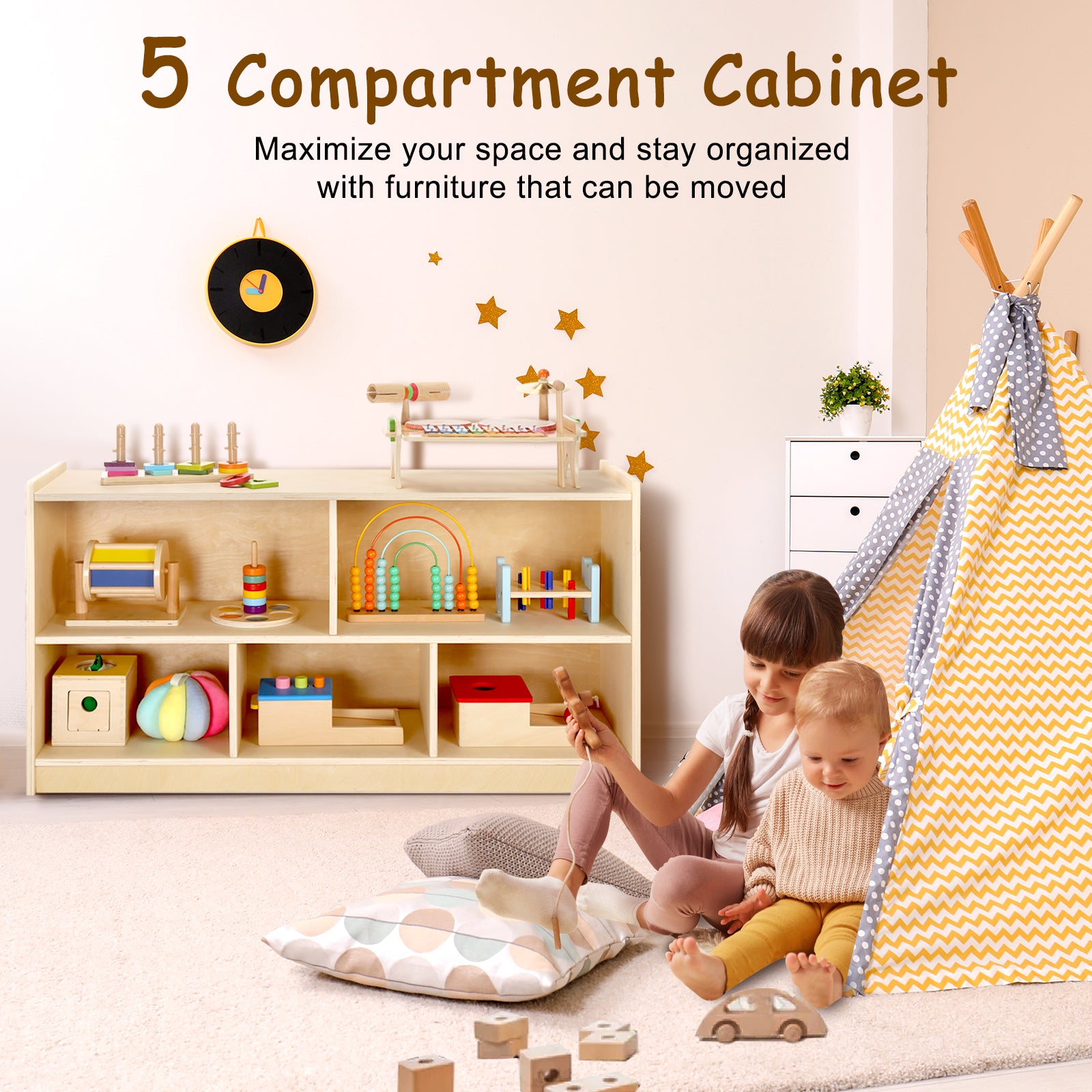 Sweet Time Wooden Storage Cabinet Montessori Bookshelf 5-Section Kids Toy Organizer Book Shelf Living Rooms Nursery Classroom