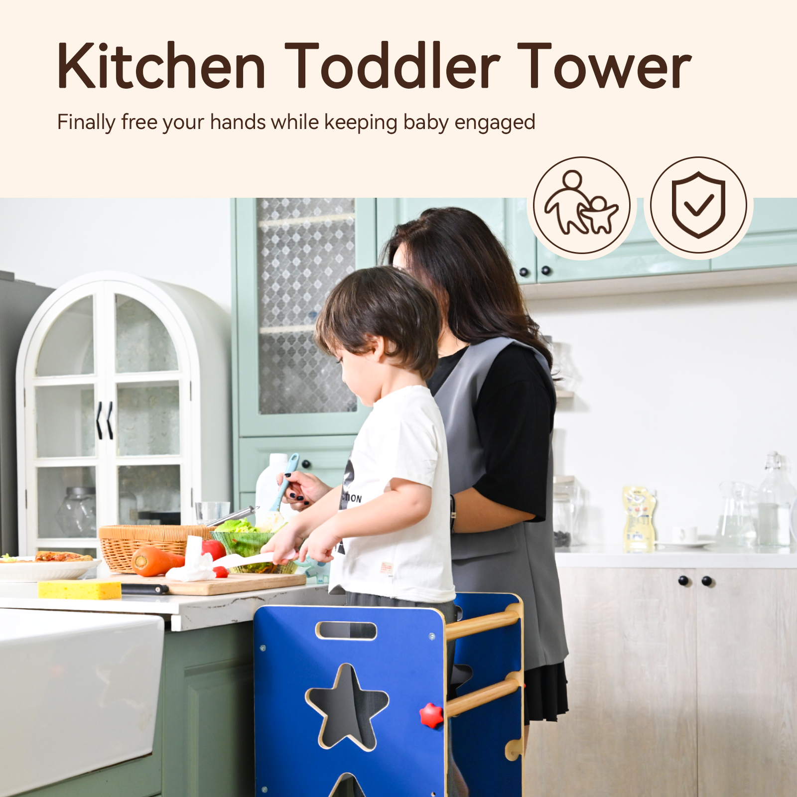 Sweet Time Kitchen Toddlers Step Stool, Montessori Kids Learning Table, Toddler Tower for Counter, Wooden Standing Helper for Children, 3 Adjustable Heights