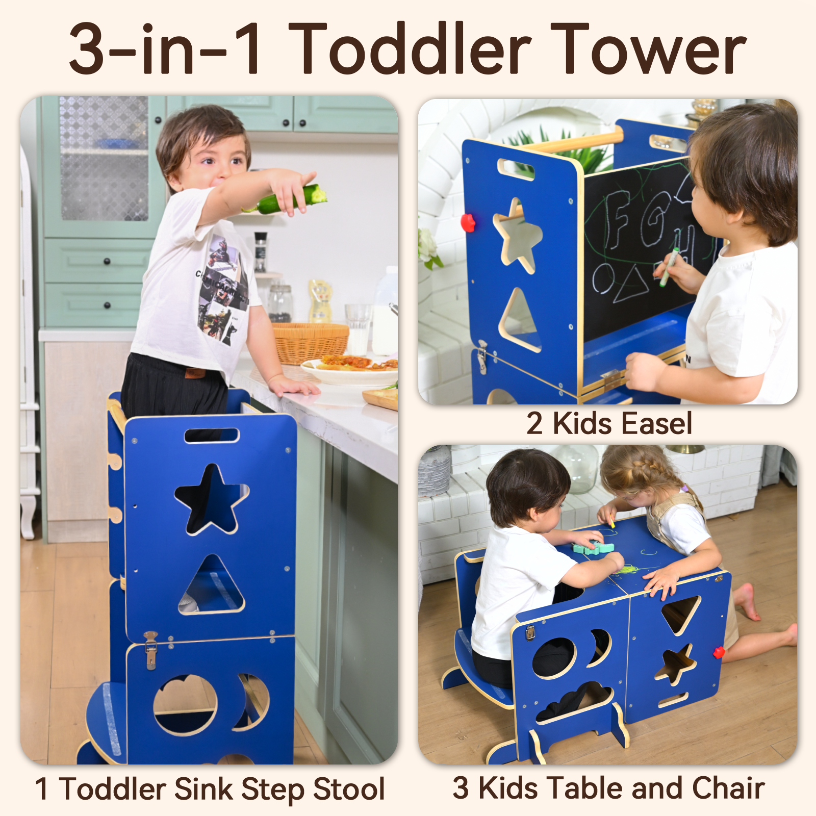 Sweet Time Kitchen Toddlers Step Stool, Montessori Kids Learning Table, Toddler Tower for Counter, Wooden Standing Helper for Children, 3 Adjustable Heights