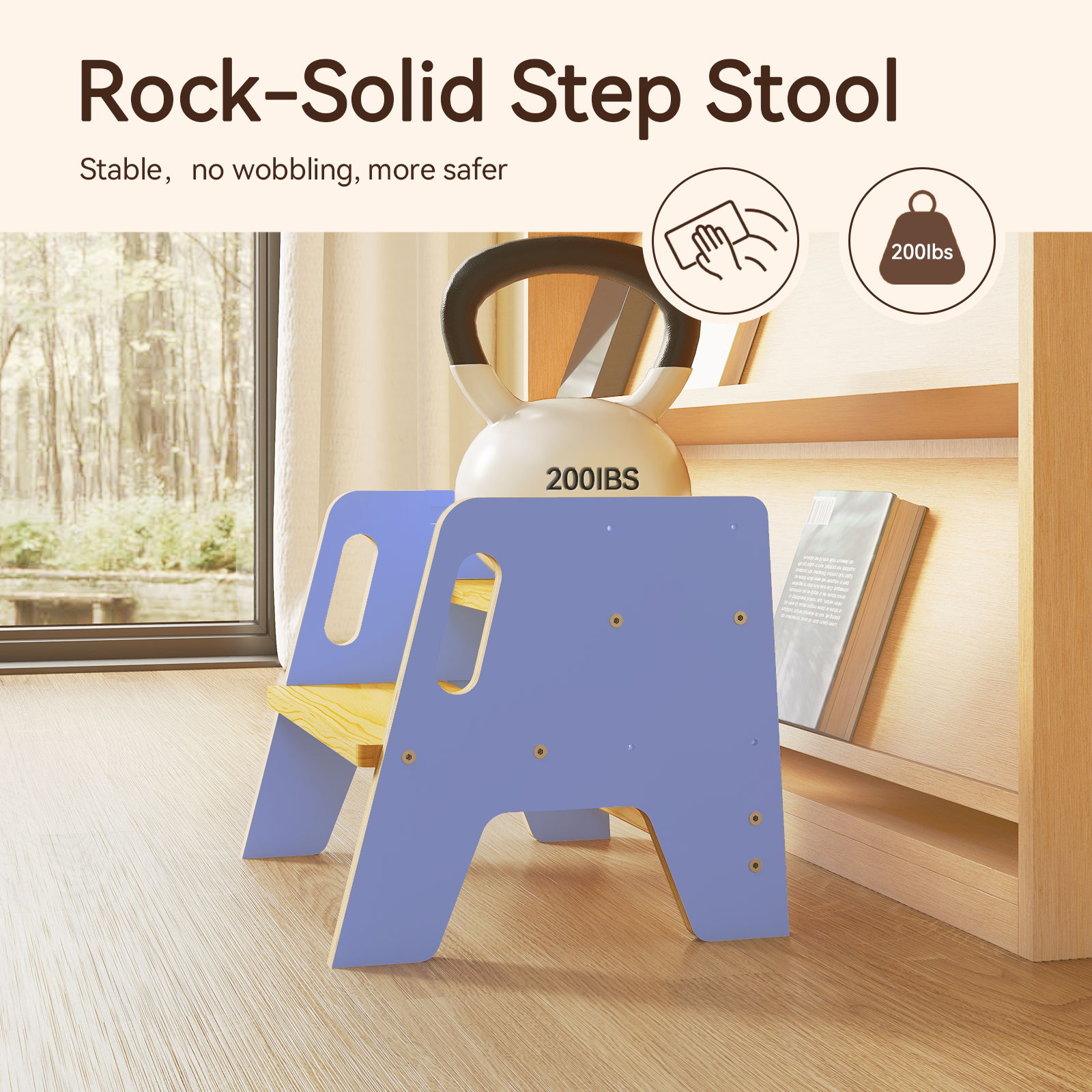 Sweet Time 2-Step Wooden Step Stool, Toddler Step Stools Kitchen Bathroom Portable Pine Wood Anti-slip Foot Stool Adults Kids
