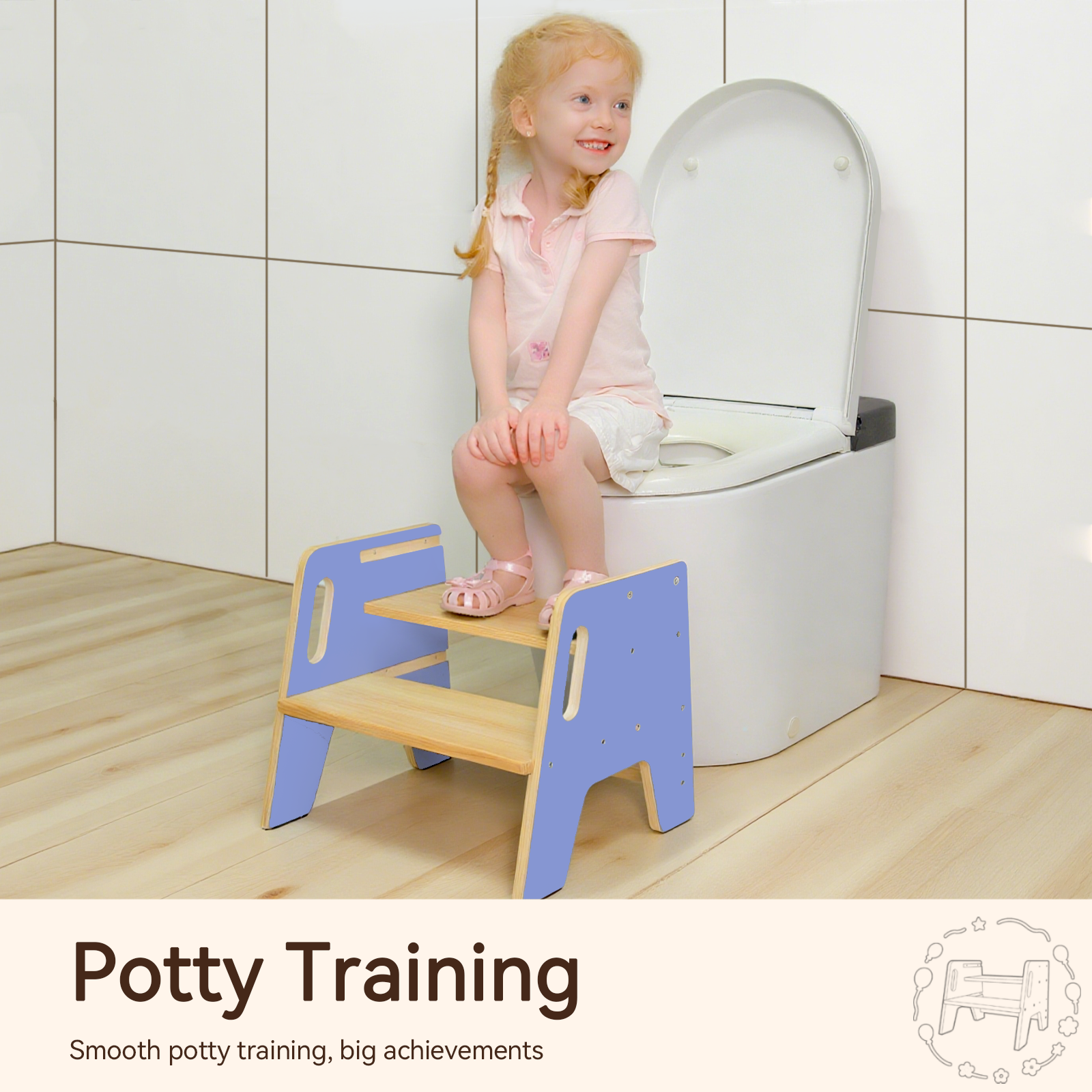 Sweet Time 2-Step Wooden Step Stool, Toddler Step Stools Kitchen Bathroom Portable Pine Wood Anti-slip Foot Stool Adults Kids