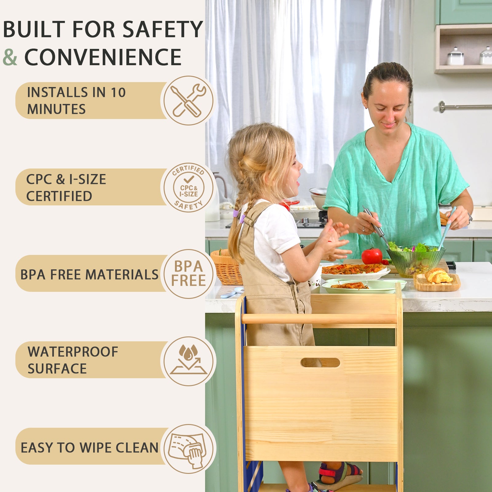 Sweet Time Toddler Standing Tower, Kids Kitchen Stool Helper 3 Levels Adjustable Height Wooden Toddler Step Stools for Learning New Skills