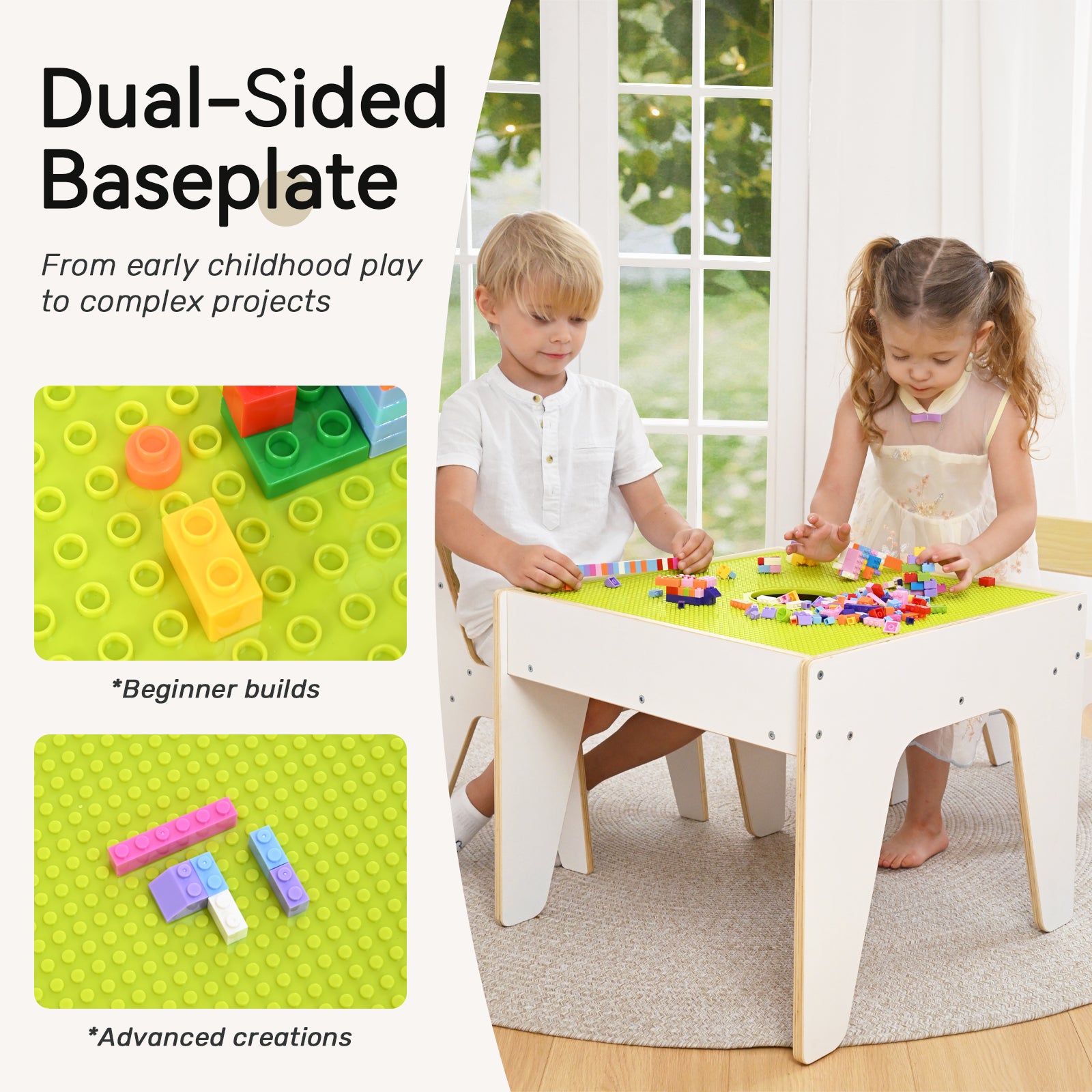 Sweet Time Kids Table and Chair Set, Reversible Wooden Activity Table with Board and Building Bricks Tabletop, 3 in 1 Wooden Toddlers Tables for Arts, Crafts