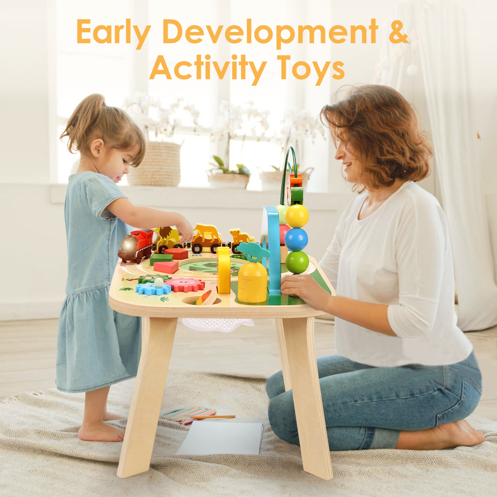 OATHX Toddler Activity Table Train Track Toy Bead Maze Wooden Montessori Learn Toys Kids Sensory Table for 1 Year