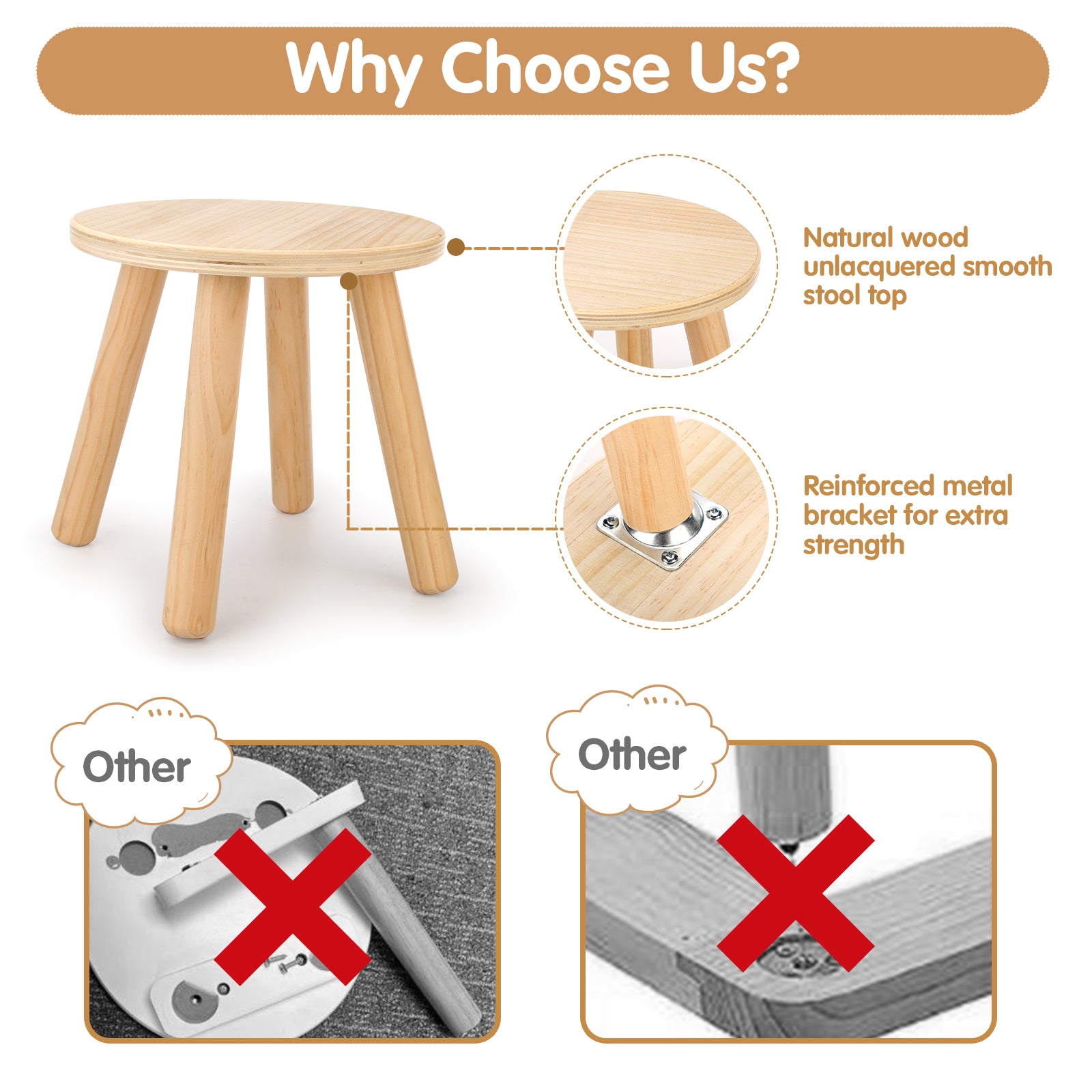 Sweet Time Wooden Step Stools for Kids, Multi-use Solid Children Chair for Sensory Table, 10inch Milking Stools