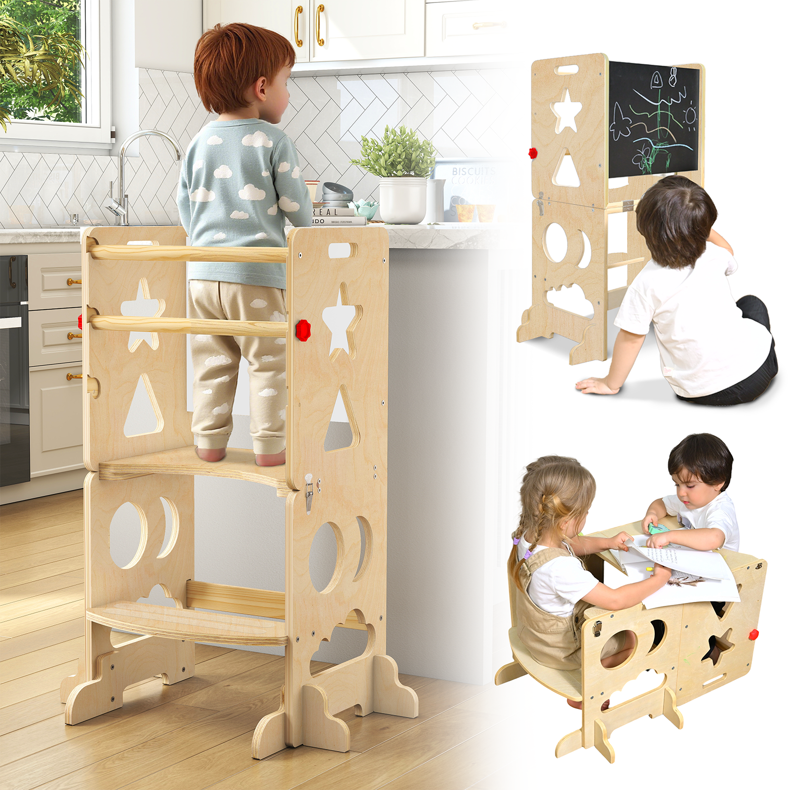 Sweet Time Kitchen Toddlers Step Stool, Montessori Kids Learning Table, Toddler Tower for Counter, Wooden Standing Helper for Children, 3 Adjustable Heights