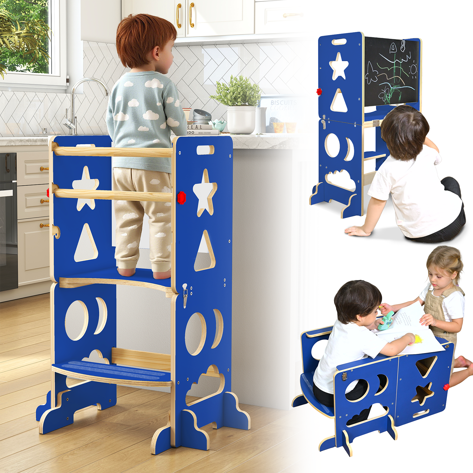 Sweet Time Kitchen Toddlers Step Stool, Montessori Kids Learning Table, Toddler Tower for Counter, Wooden Standing Helper for Children, 3 Adjustable Heights