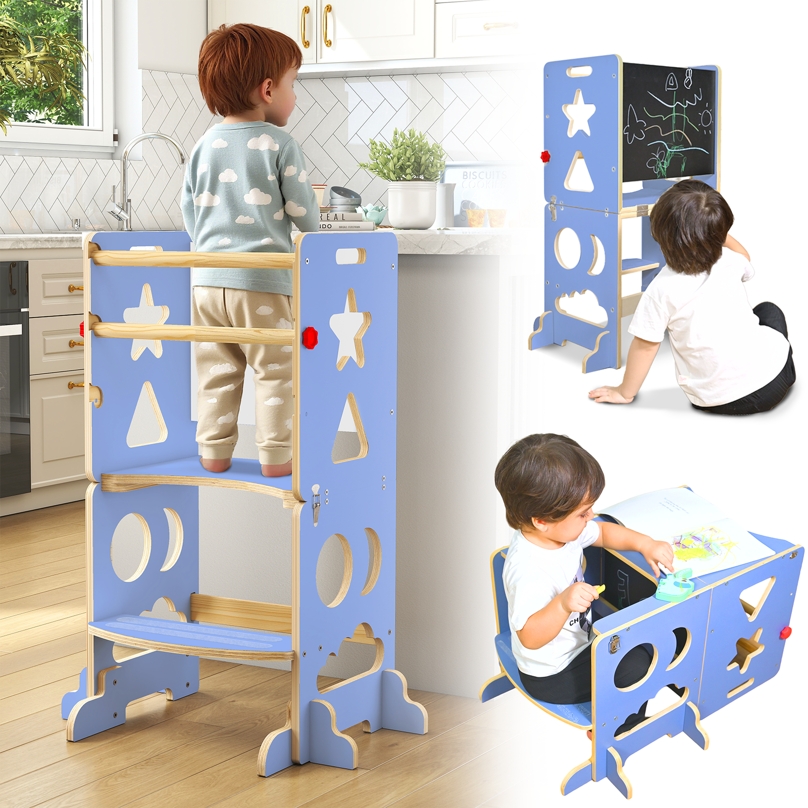 Sweet Time Kitchen Toddlers Step Stool, Montessori Kids Learning Table, Toddler Tower for Counter, Wooden Standing Helper for Children, 3 Adjustable Heights