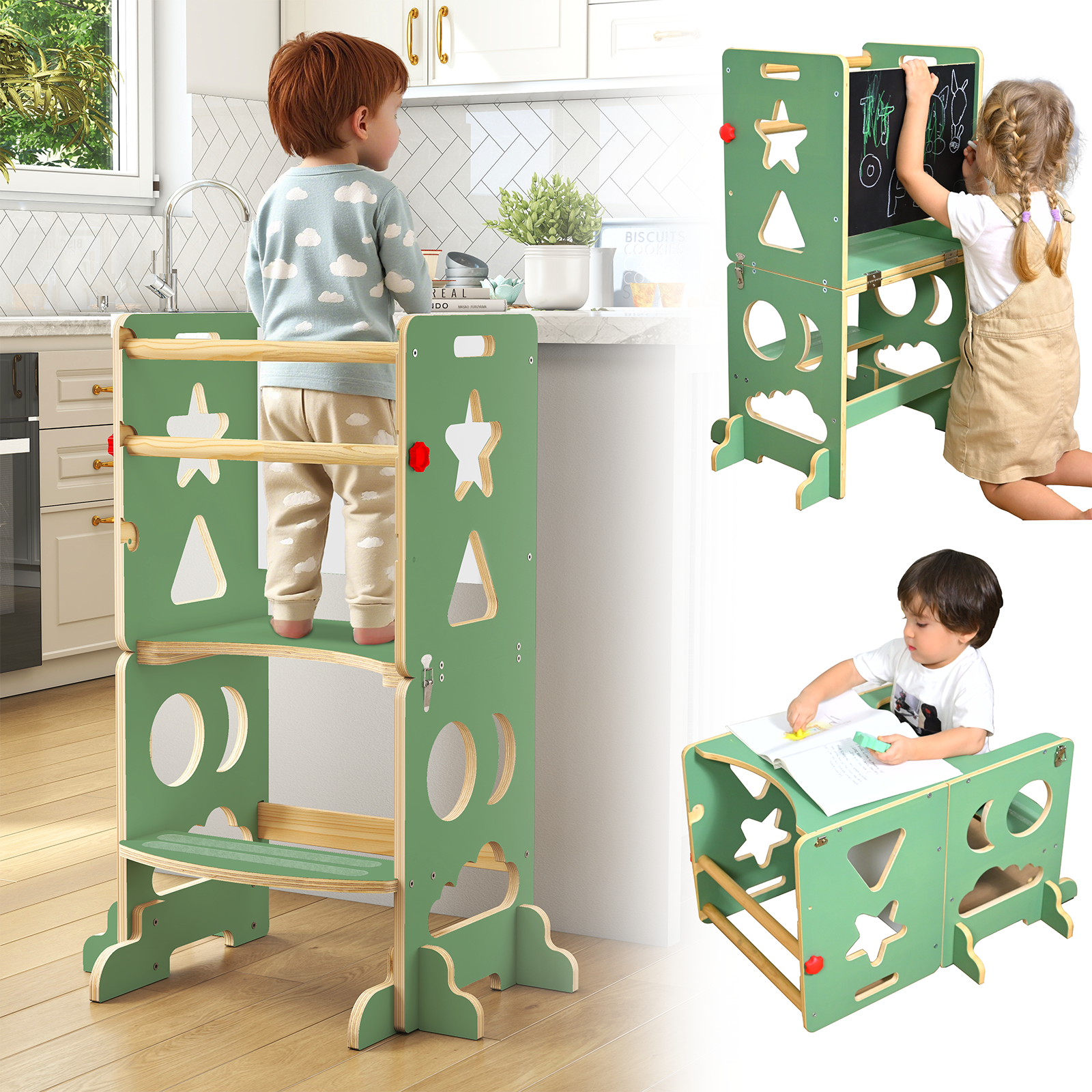 Sweet Time Kitchen Toddlers Step Stool, Montessori Kids Learning Table, Toddler Tower for Counter, Wooden Standing Helper for Children, 3 Adjustable Heights