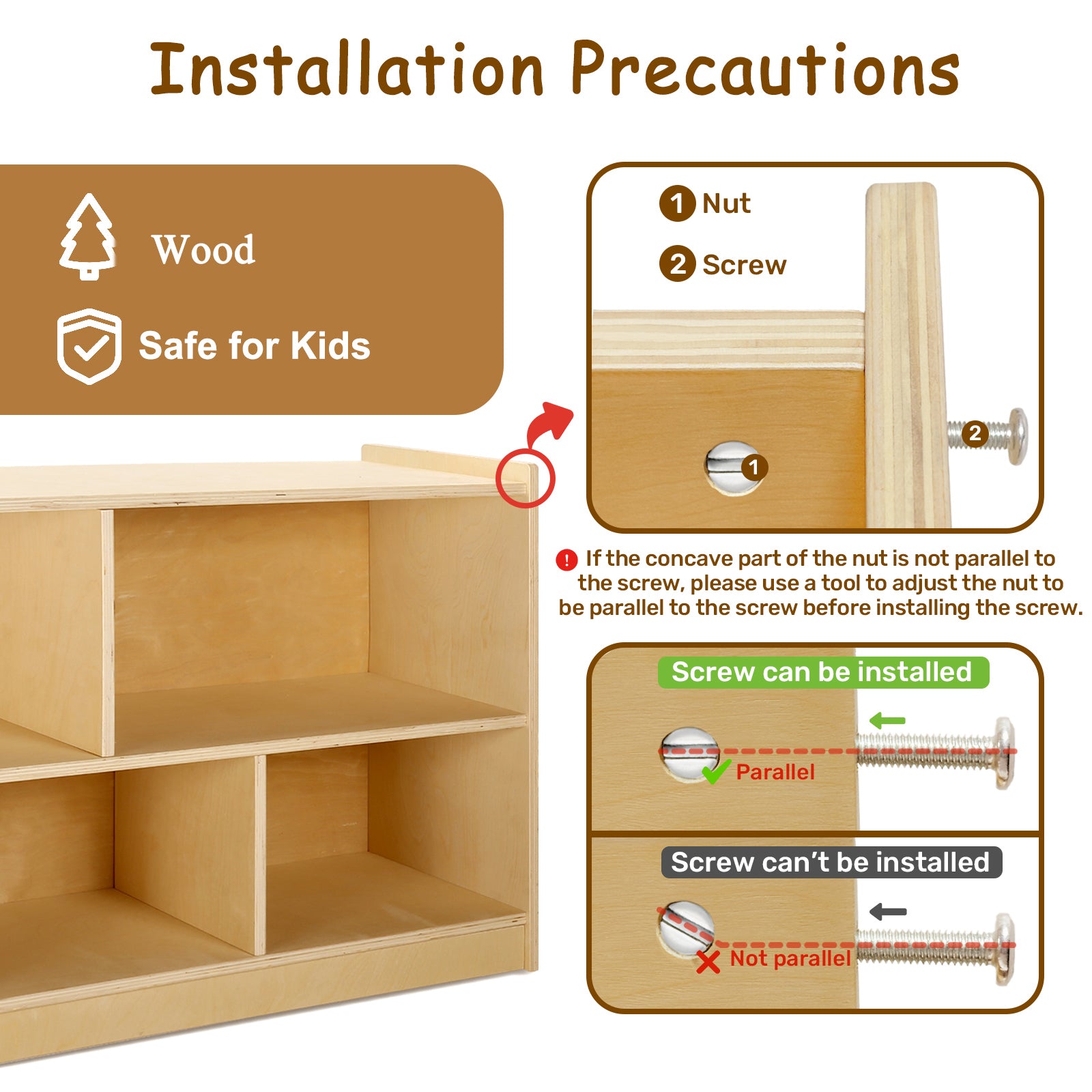 Sweet Time Wooden Storage Cabinet Montessori Bookshelf 5-Section Kids Toy Organizer Book Shelf Living Rooms Nursery Classroom