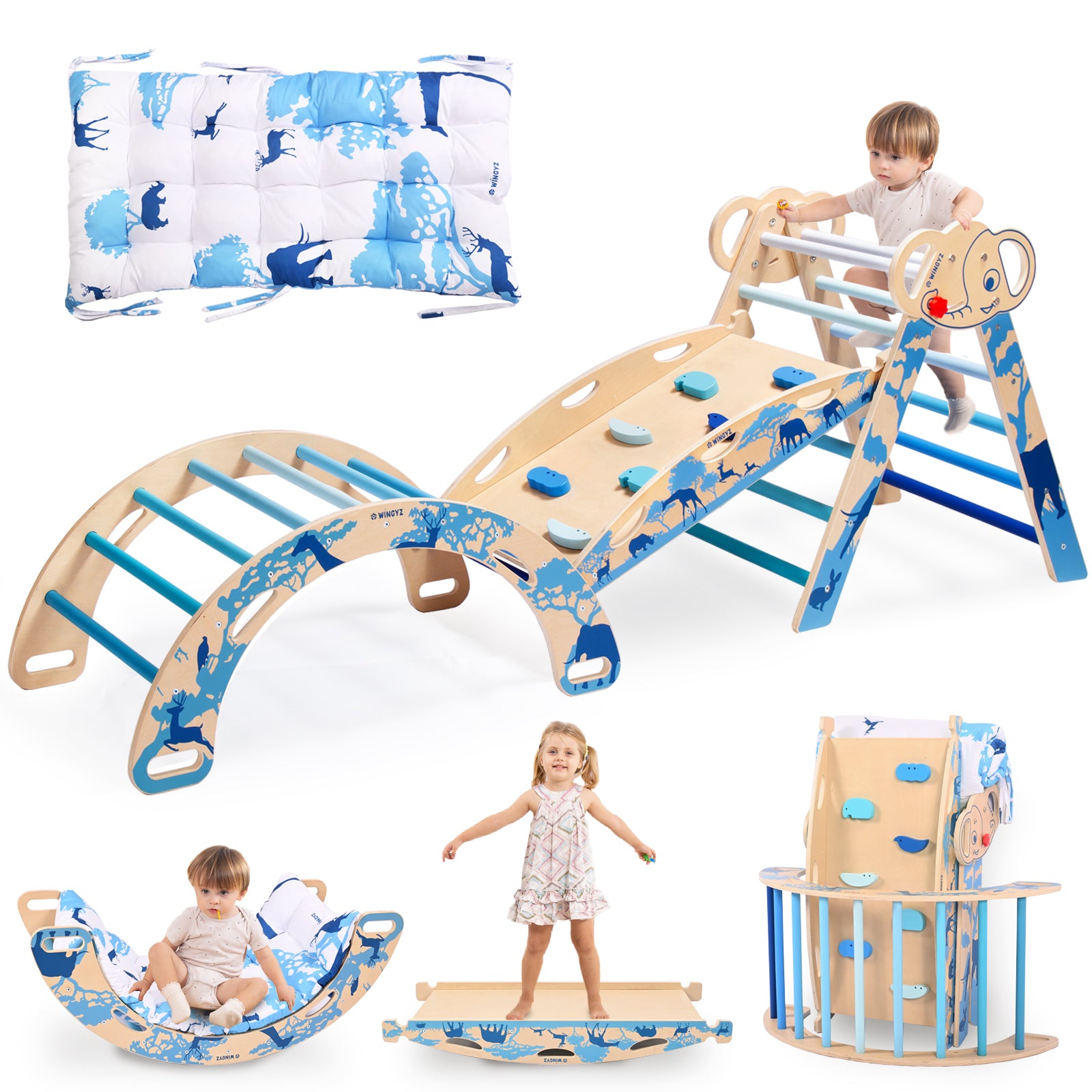 Sweet Time Pikler Triangle Set with Cushion, 8 in 1 Wooden Montessori Climbing Toys, Foldable Indoor Playground Jungle Gym Playsets for Toddler, Baby, Kid