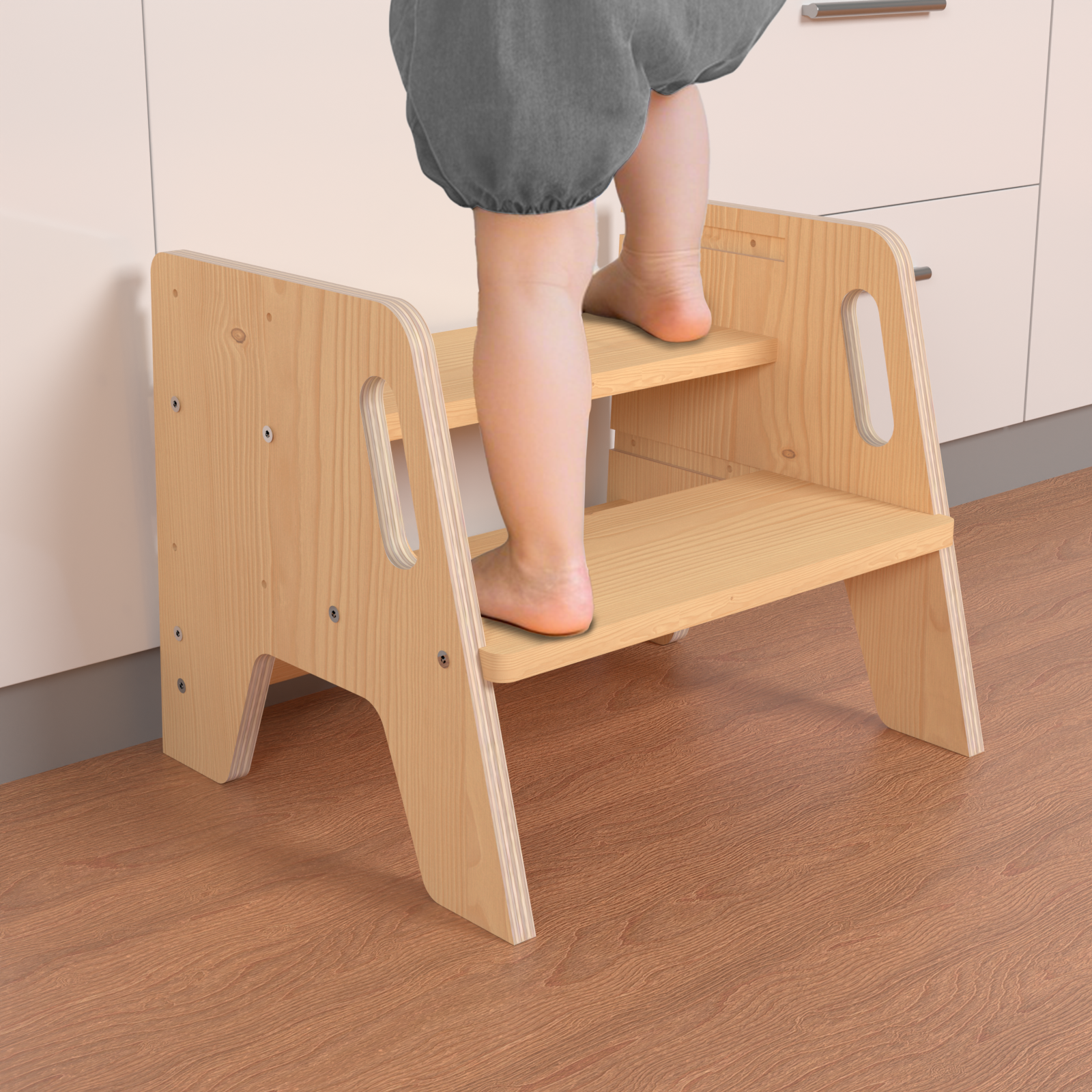 Sweet Time 2-Step Wooden Step Stool, Toddler Step Stools Kitchen Bathroom Portable Pine Wood Anti-slip Foot Stool Adults Kids