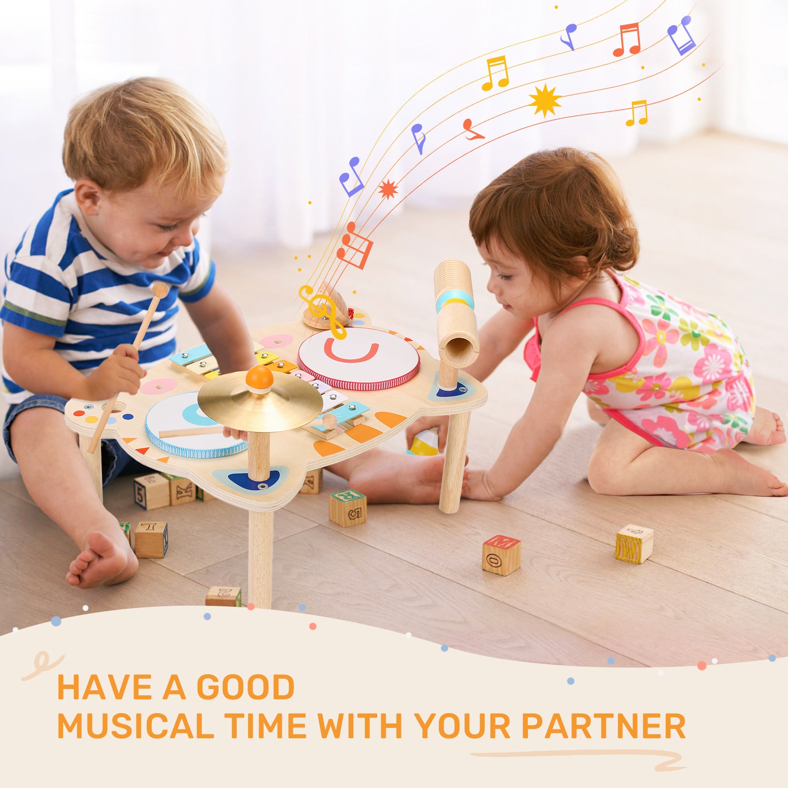 OATHX Kids Drum Set, Musical Instruments for Toddlers Learn Toys, Tiger Xylophone Wooden Music Toy