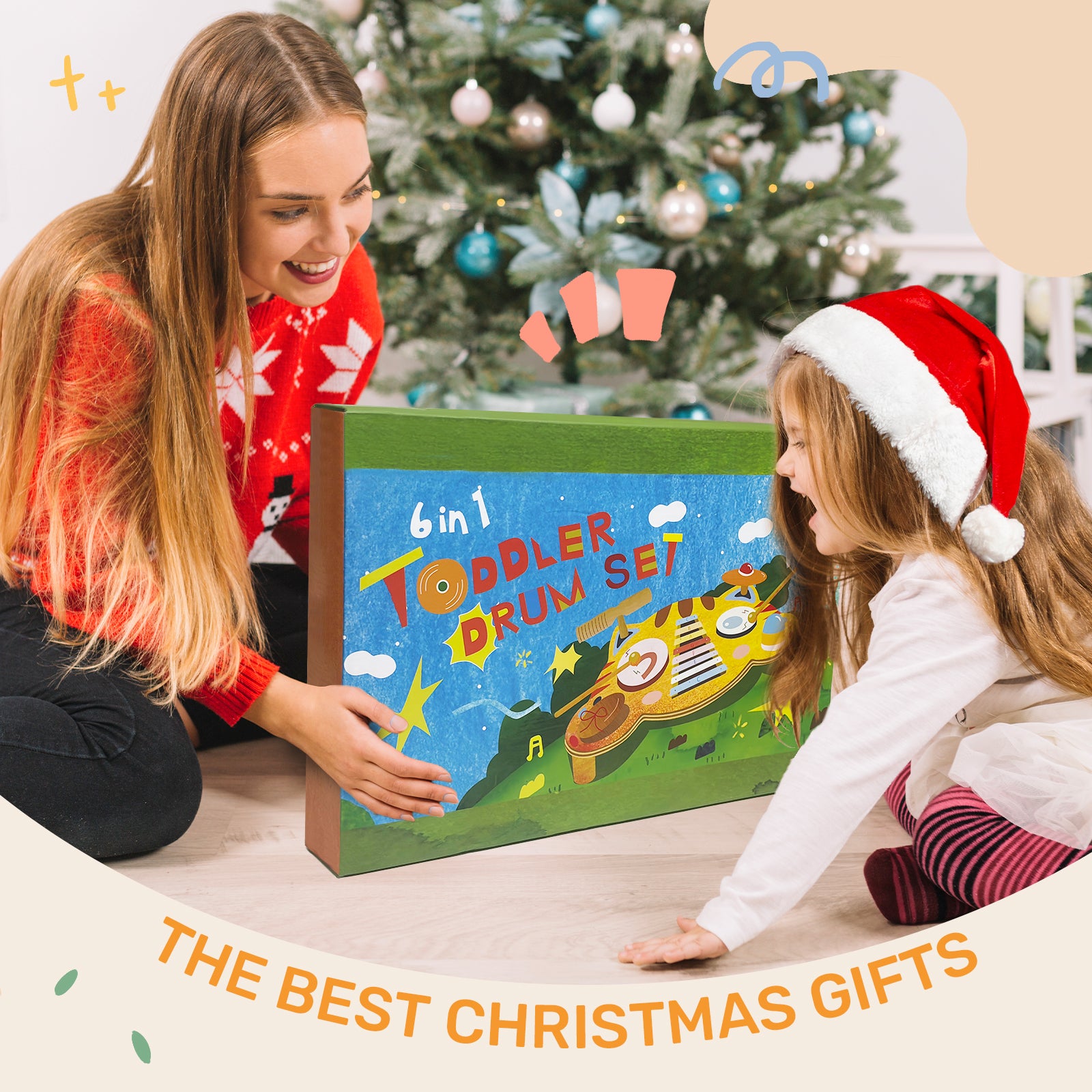 OATHX Kids Drum Set, Musical Instruments for Toddlers Learn Toys, Tiger Xylophone Wooden Music Toy