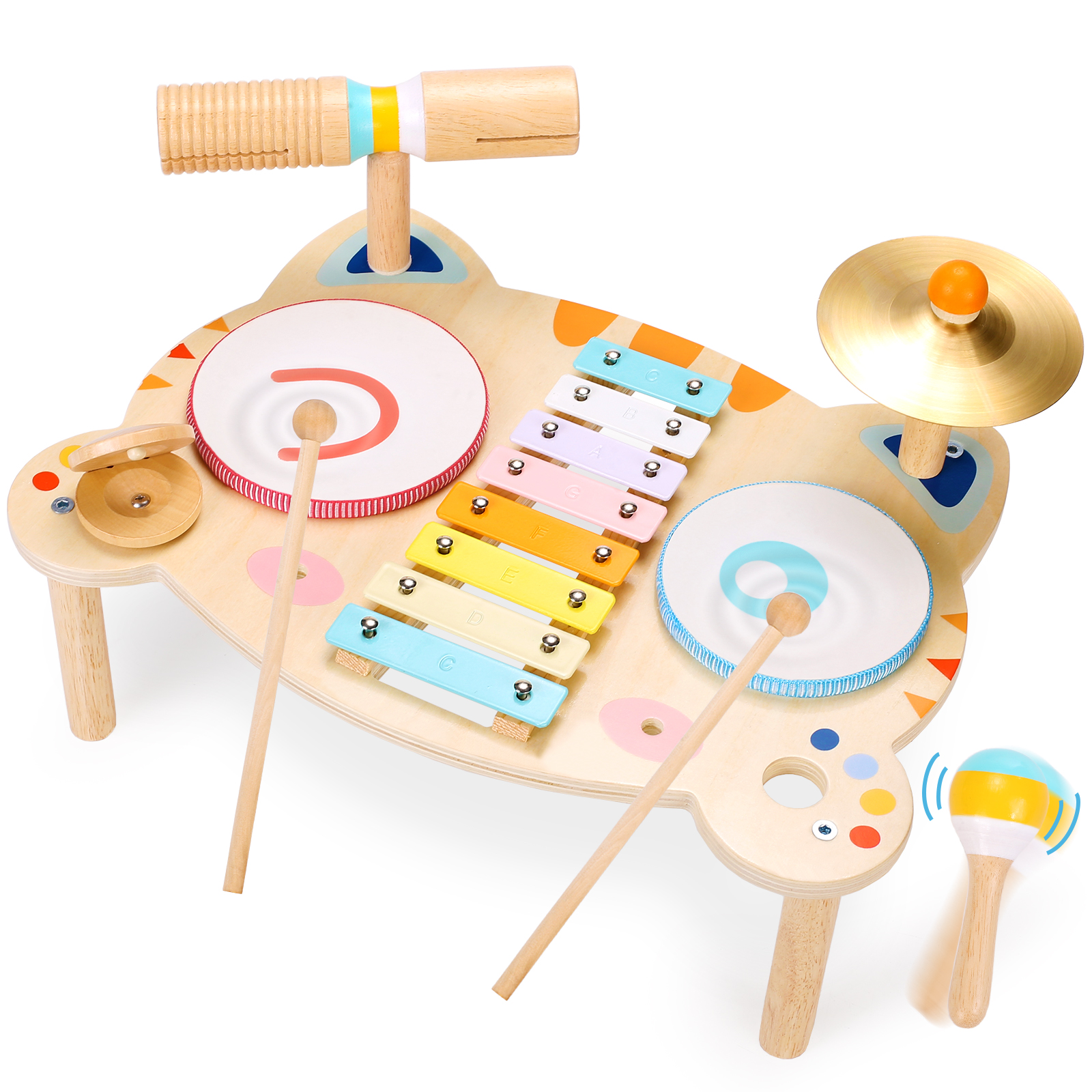 OATHX Kids Drum Set, Musical Instruments for Toddlers Learn Toys, Tiger Xylophone Wooden Music Toy