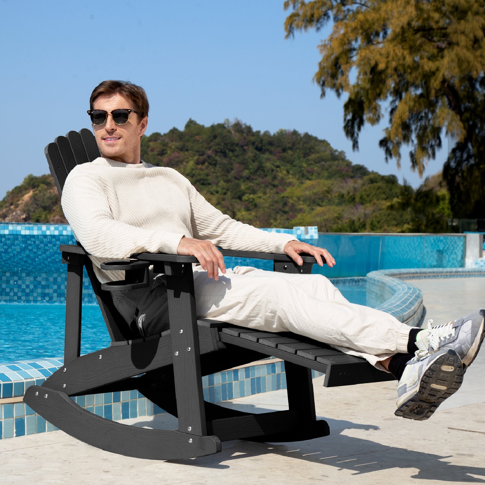 Wingyz Outdoor Rocking Chair with Ottoman and Cup Holders Patio Adirondack Chairs for Porch Garden