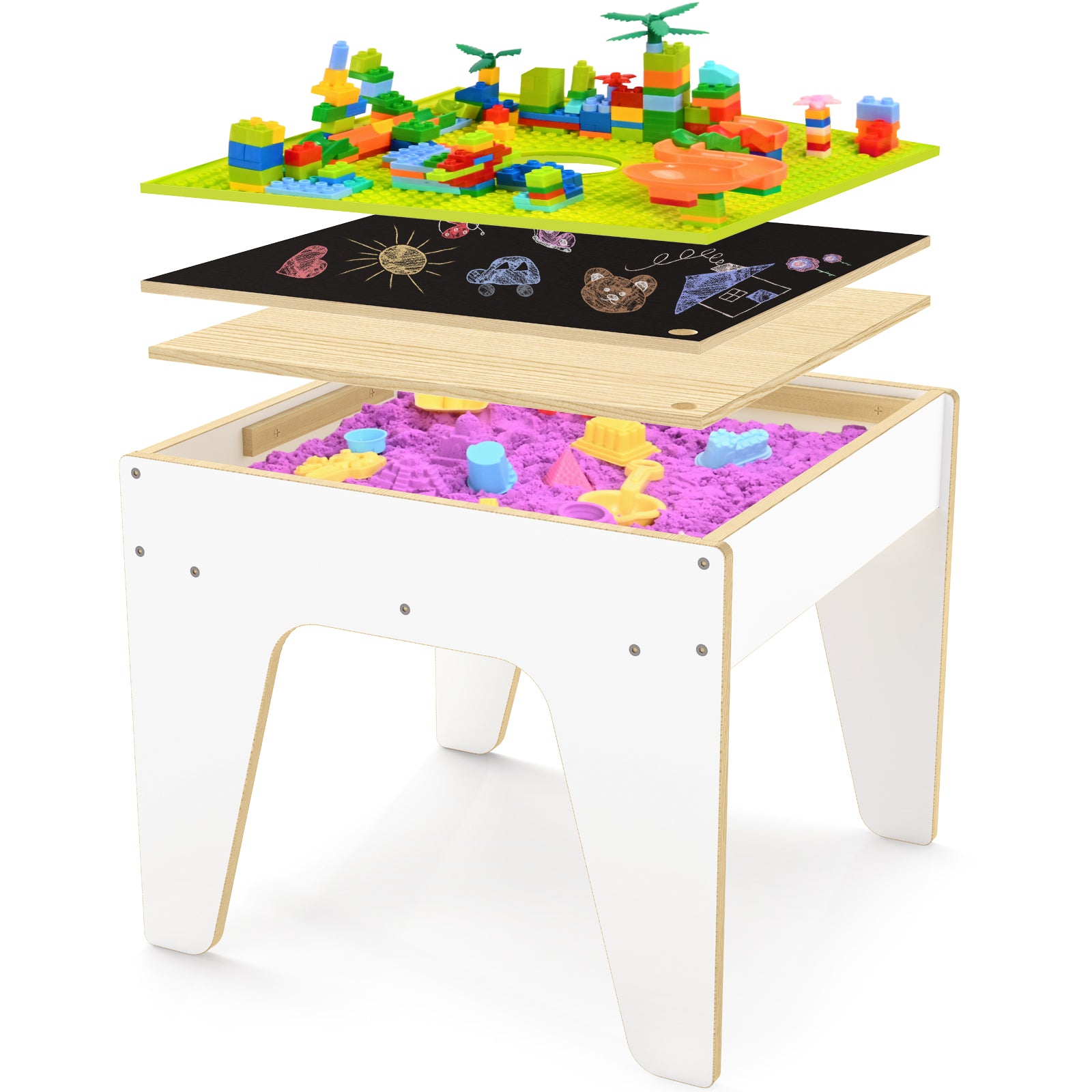 Sweet Time Kids Activity Table with Bricks Plate Wooden Storage Sensory Tables Art Desk for Toddlers