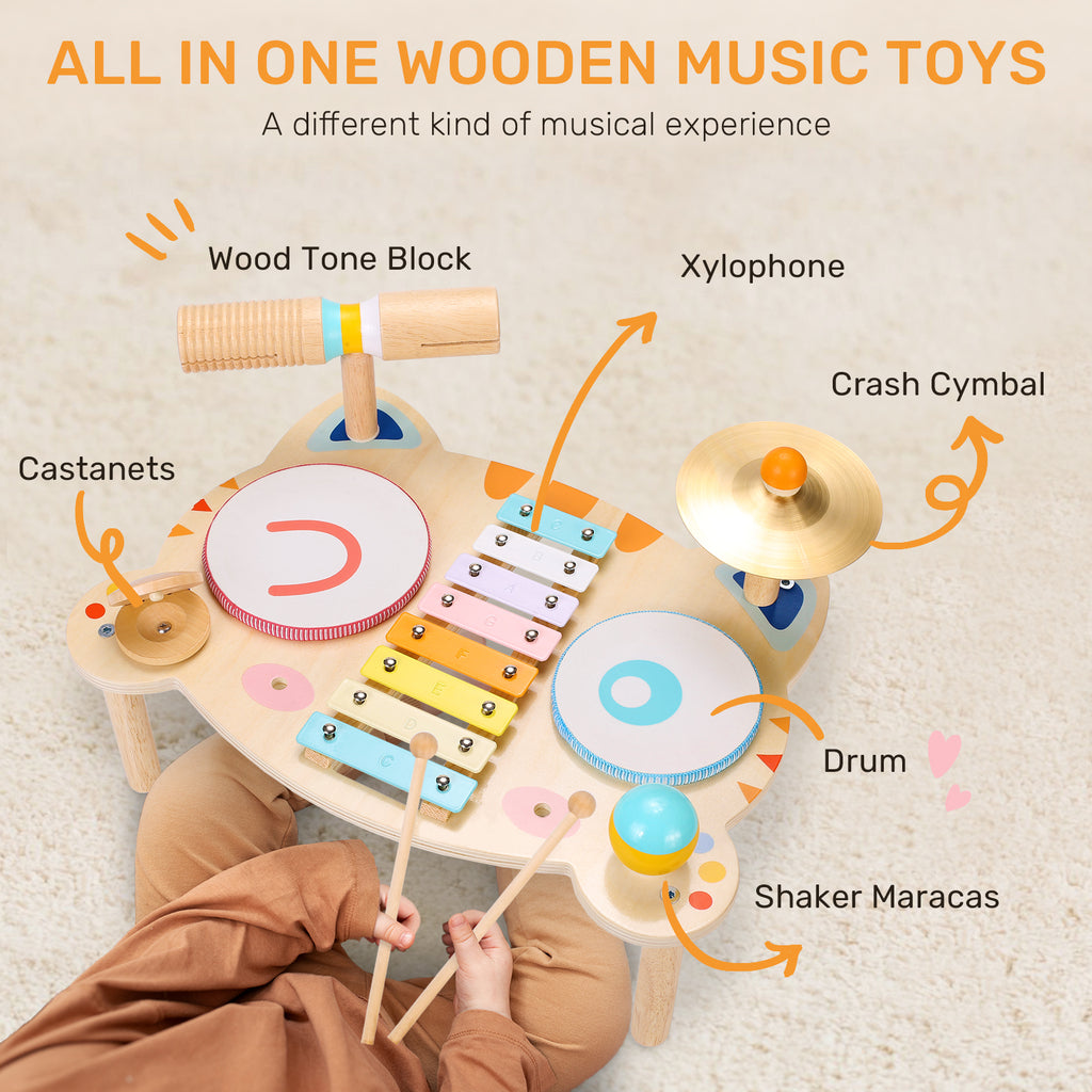 OATHX Kids Drum Set, Musical Instruments for Toddlers Learn Toys, Tiger Xylophone Wooden Music Toy