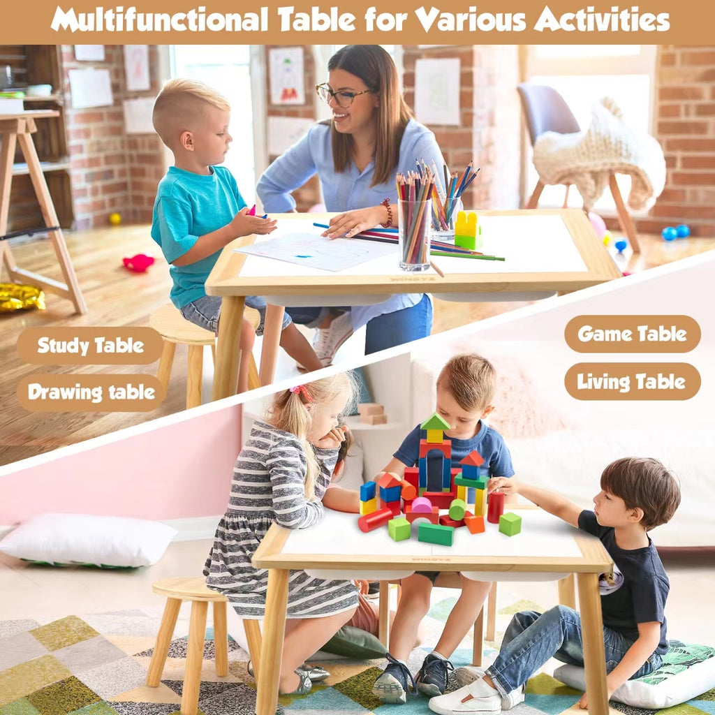 Sweet Time Toddler Sensory Table Chairs, Wood Kids Activity Table with Storage Play Study Furniture 