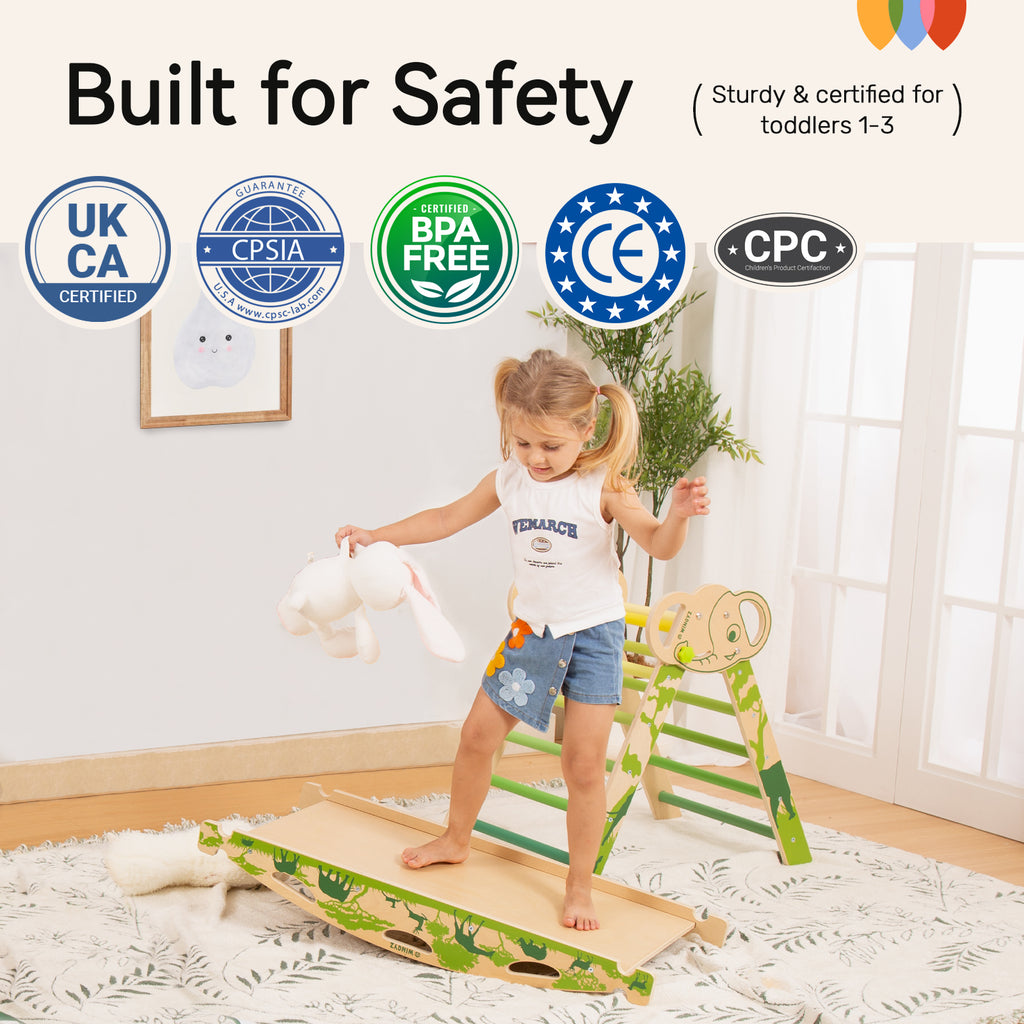 Sweet Time Pikler Triangle Set with Cushion, 8 in 1 Wooden Montessori Climbing Toys, Foldable Indoor Playground Jungle Gym Playsets for Toddler, Baby, Kid