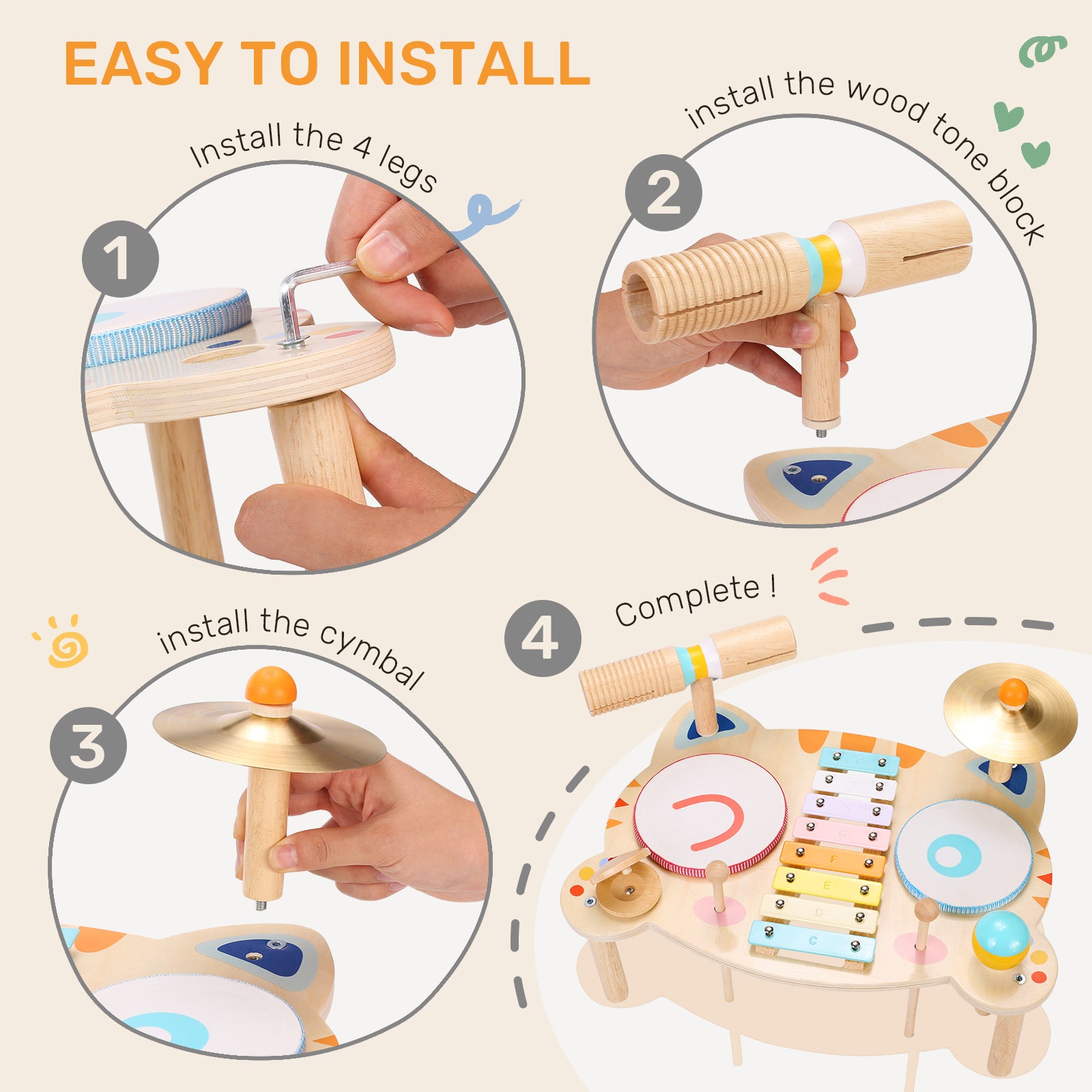 OATHX Kids Drum Set, Musical Instruments for Toddlers Learn Toys, Tiger Xylophone Wooden Music Toy