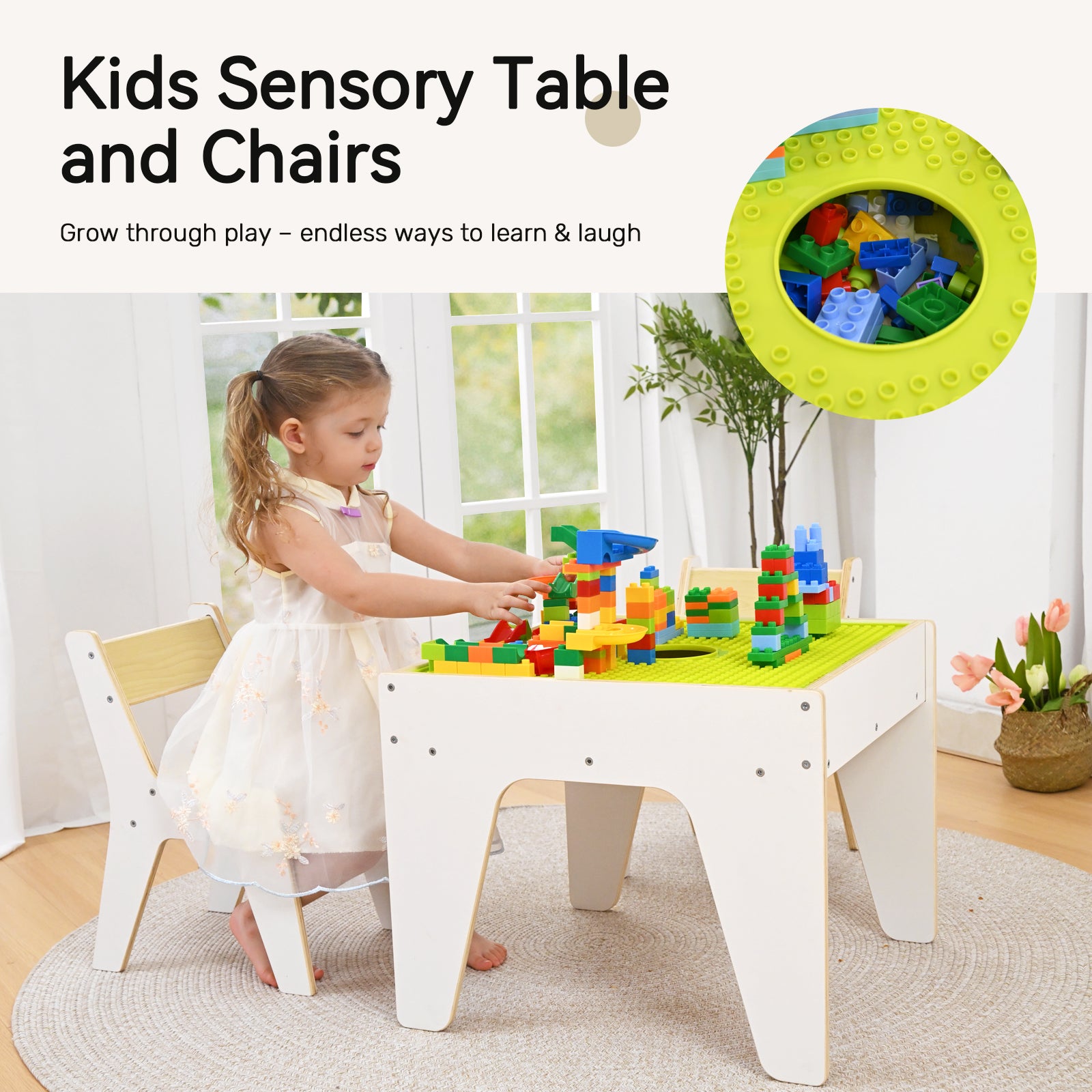Sweet Time Kids Table and Chair Set, Reversible Wooden Activity Table with Board and Building Bricks Tabletop, 3 in 1 Wooden Toddlers Tables for Arts, Crafts
