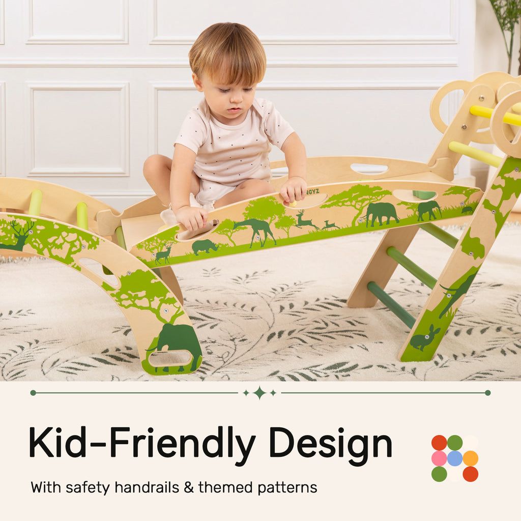Sweet Time Pikler Triangle Set with Cushion, 8 in 1 Wooden Montessori Climbing Toys, Foldable Indoor Playground Jungle Gym Playsets for Toddler, Baby, Kid