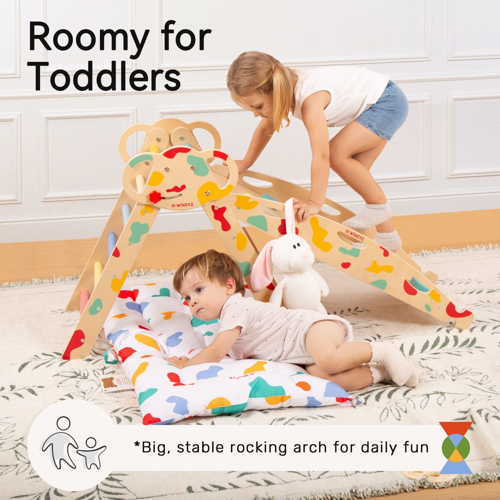 Sweet Time Pikler Triangle Set with Cushion, 8 in 1 Wooden Montessori Climbing Toys, Foldable Indoor Playground Jungle Gym Playsets for Toddler, Baby, Kid
