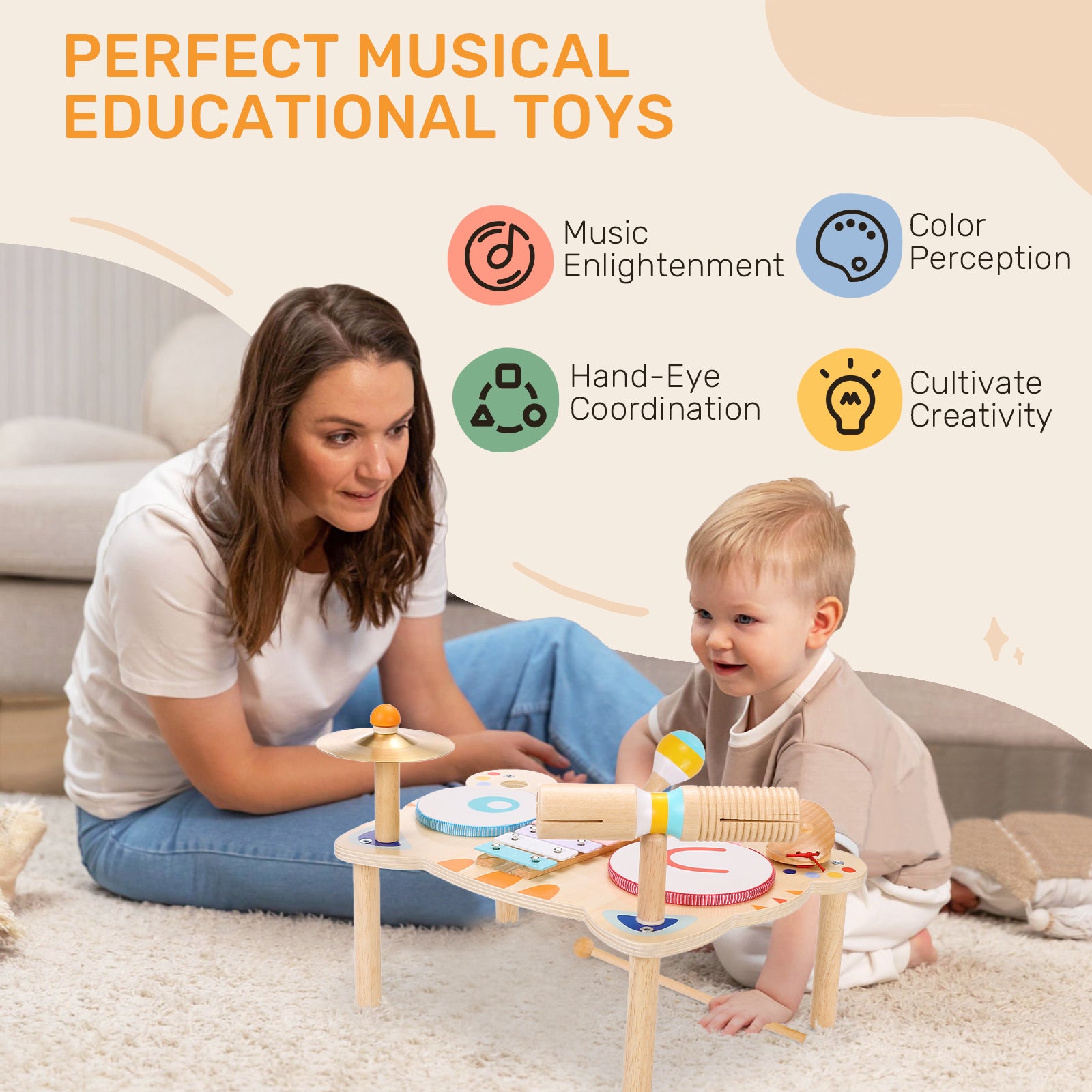 OATHX Kids Drum Set, Musical Instruments for Toddlers Learn Toys, Tiger Xylophone Wooden Music Toy